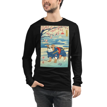 Dog Bulldog Japanese Ukiyo-e Unisex Long Sleeve Tee - Black / S