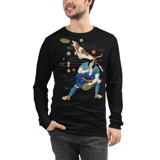 Disc Dog Samurai Japanese Ukiyo-e Unisex Long Sleeve Tee - Black / S