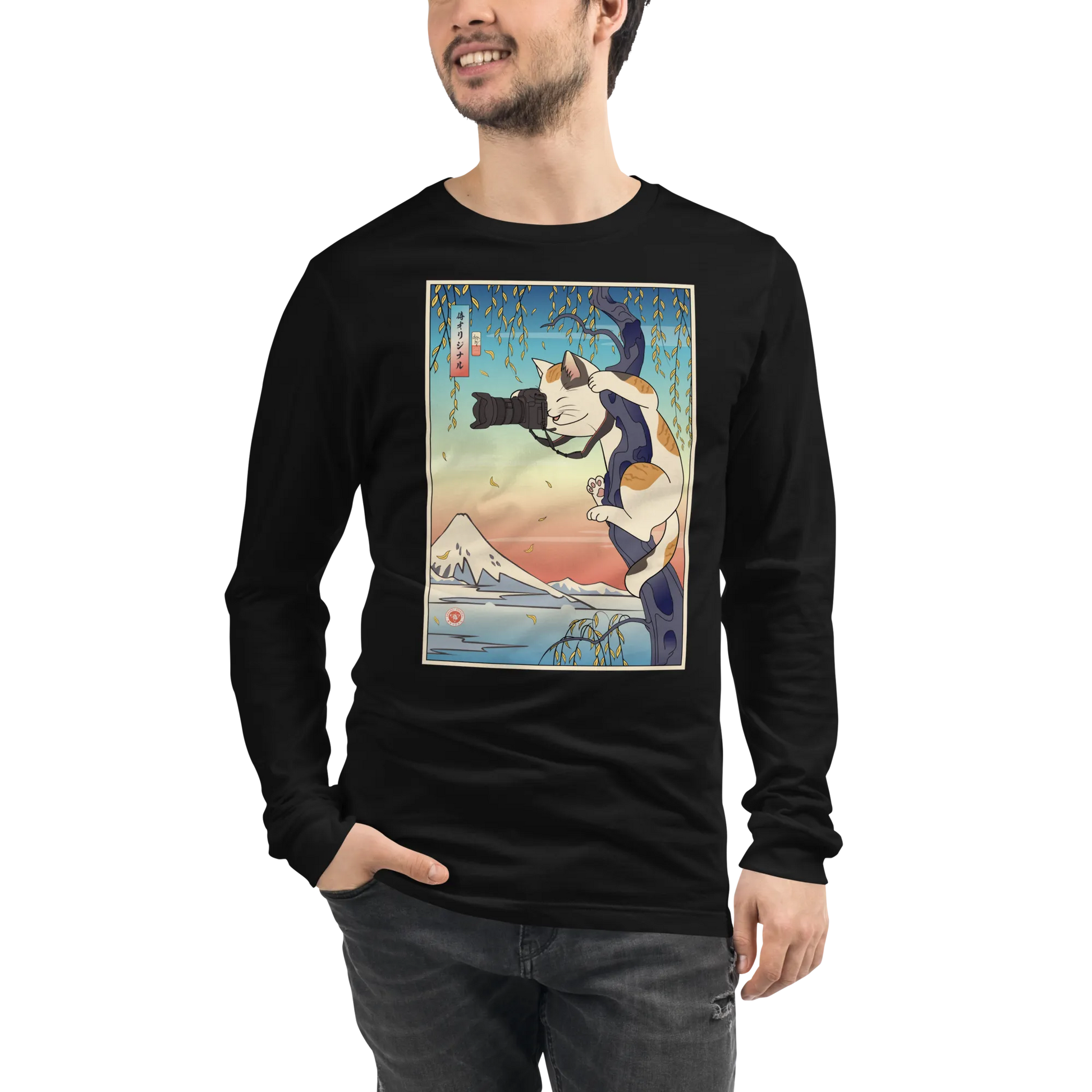 Cat Photographer Funny Japanese Ukiyo-e Unisex Long Sleeve Tee - Black / S