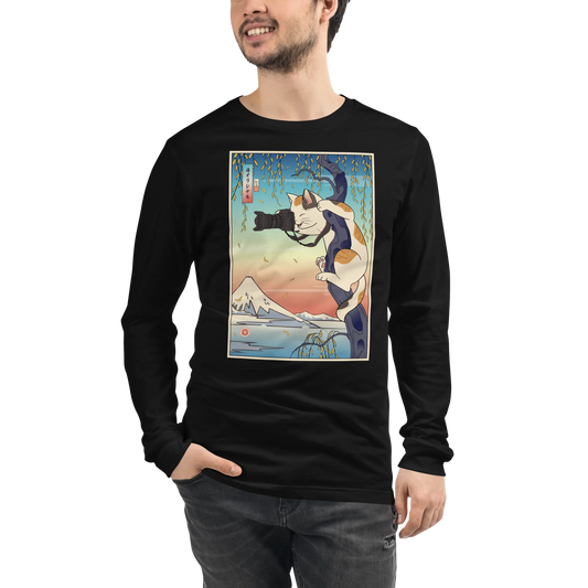 Cat Photographer Funny Japanese Ukiyo-e Unisex Long Sleeve Tee - Black / S