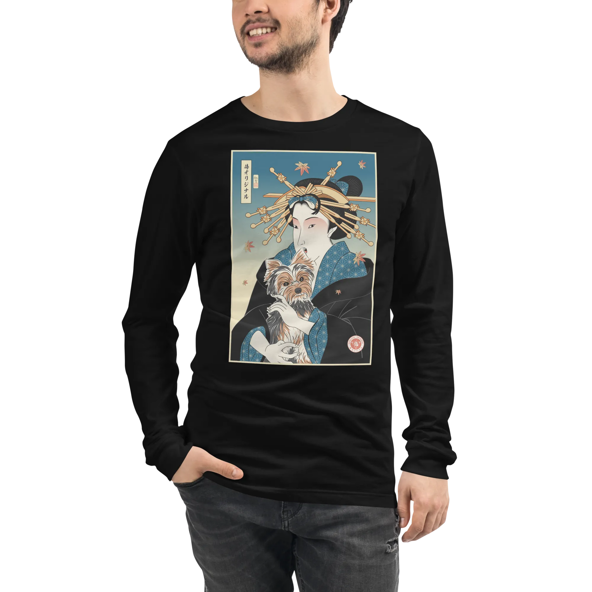 Geisha and Yorkshire Dog Japanese Ukiyo-e Unisex Long Sleeve Tee - Black / S