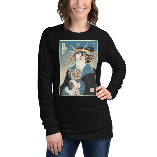 Geisha and Yorkshire Dog Japanese Ukiyo-e Unisex Long Sleeve Tee -