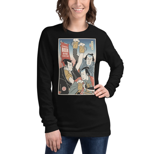 Samurai Drink Beer Ukiyo-e Funny Unisex Long Sleeve Tee