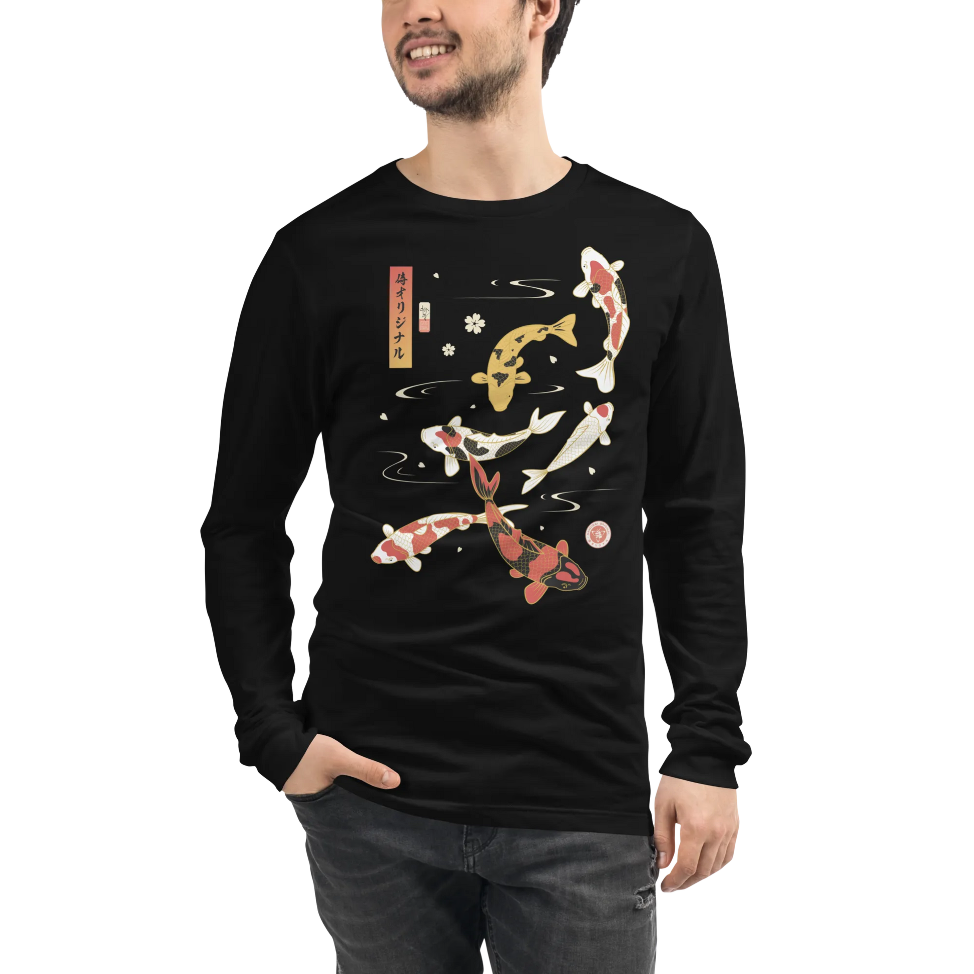 Koi Fish Japanese Ukiyo-e Unisex Long Sleeve Tee - Black / S