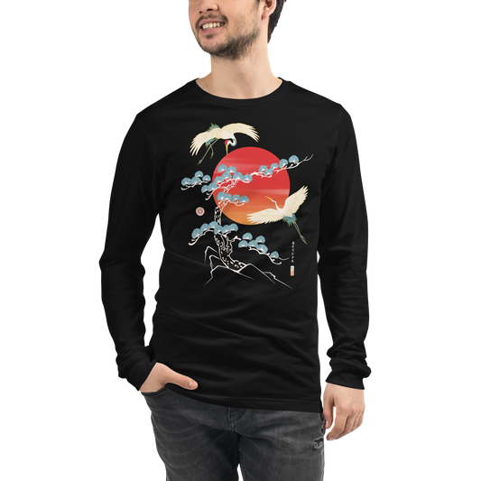 Crane Bird Japanese Ukiyo-e Unisex Long Sleeve Tee - Black / S