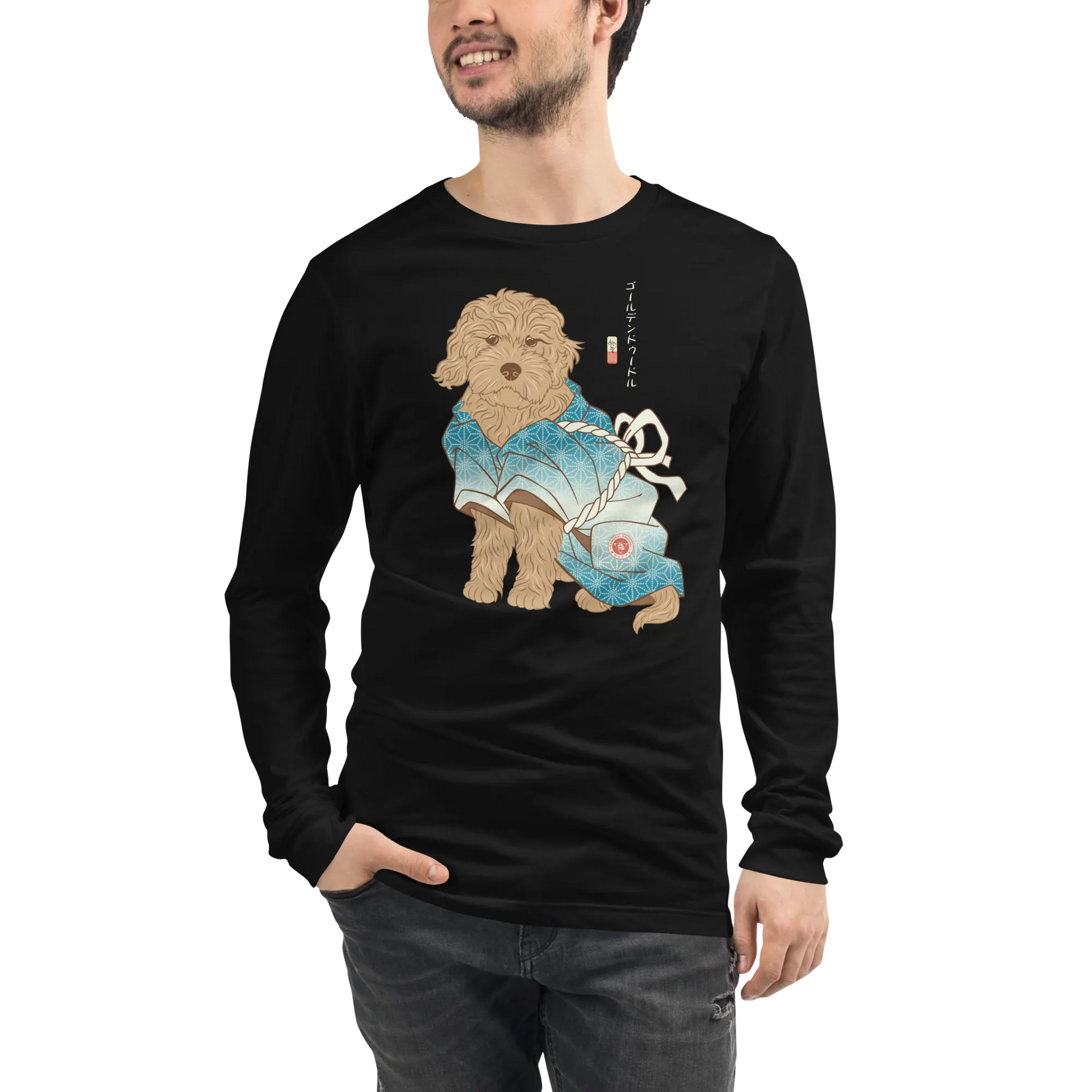 Golden Doodle Dog Funny Japanese Ukiyo-e Unisex Long Sleeve Tee - Black / S