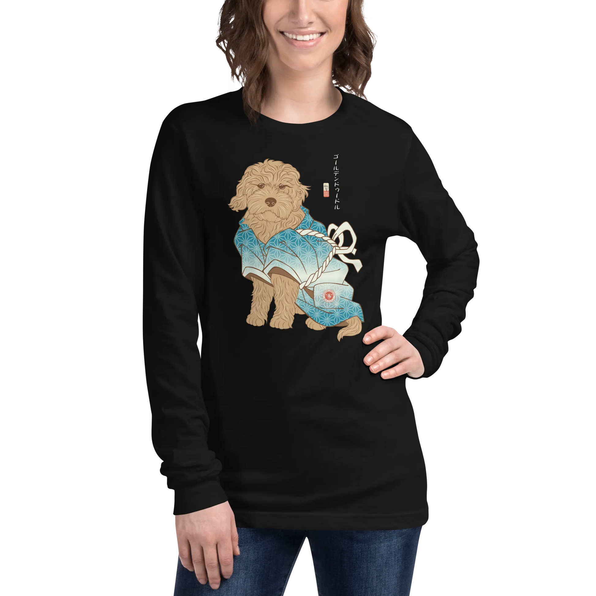 Golden Doodle Dog Funny Japanese Ukiyo-e Unisex Long Sleeve Tee -