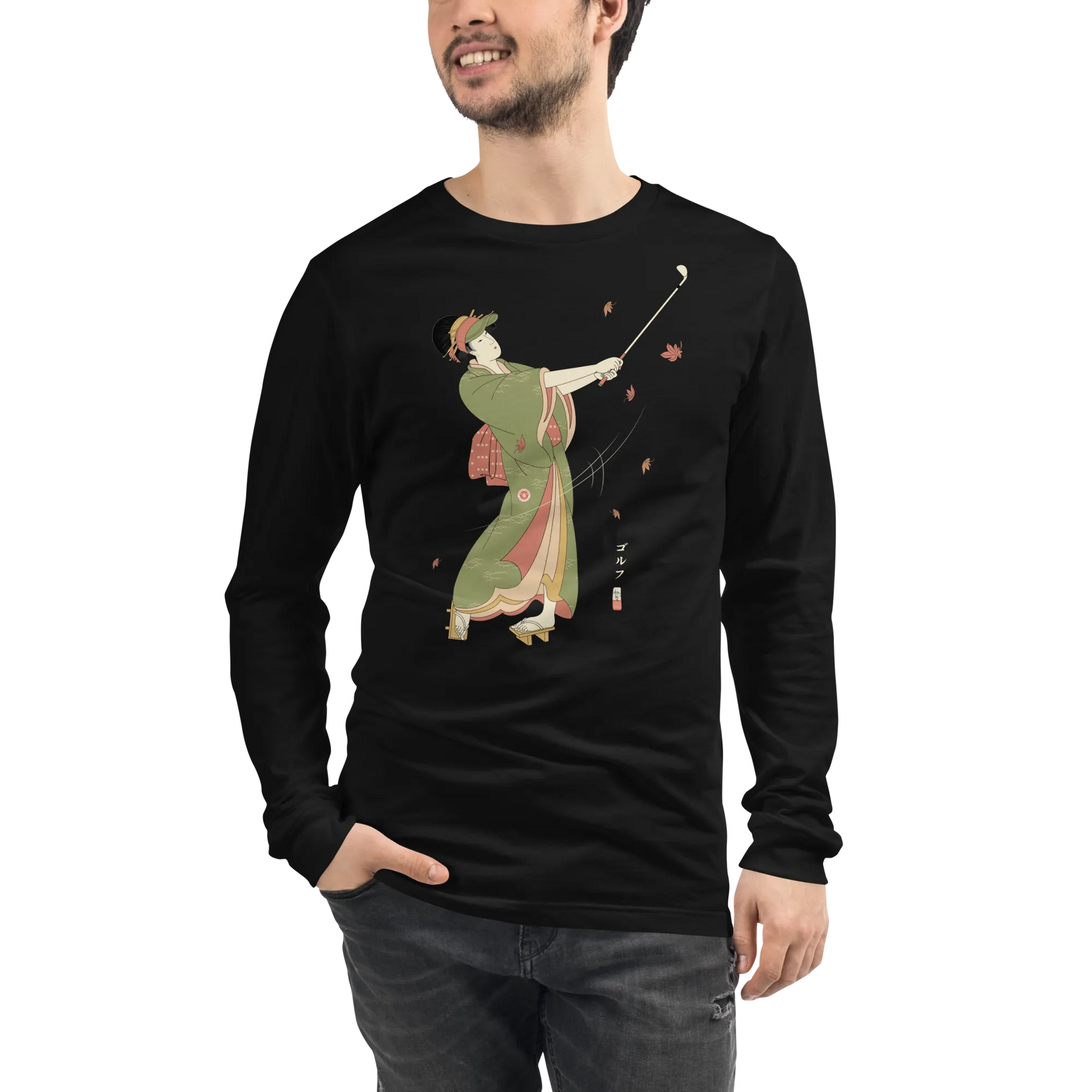 Geisha Golf Player Japanese Ukiyo-e Unisex Long Sleeve Tee - Black / S