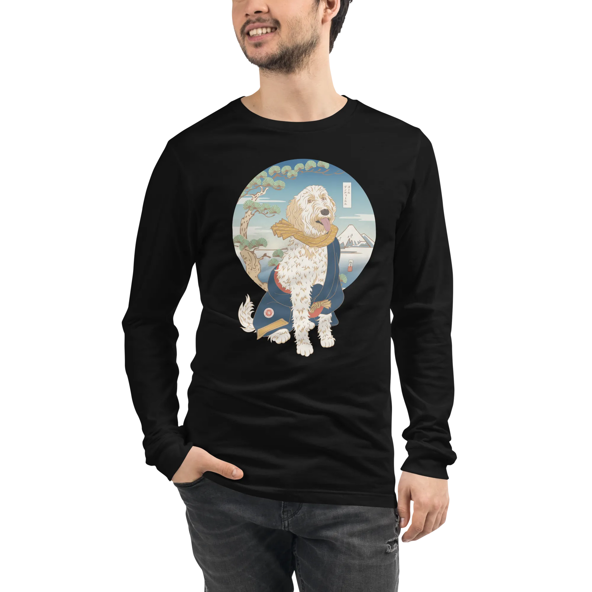 Golden Doodle Dog Funny Japanese Ukiyo-e Unisex Long Sleeve Tee 2 - Black / S