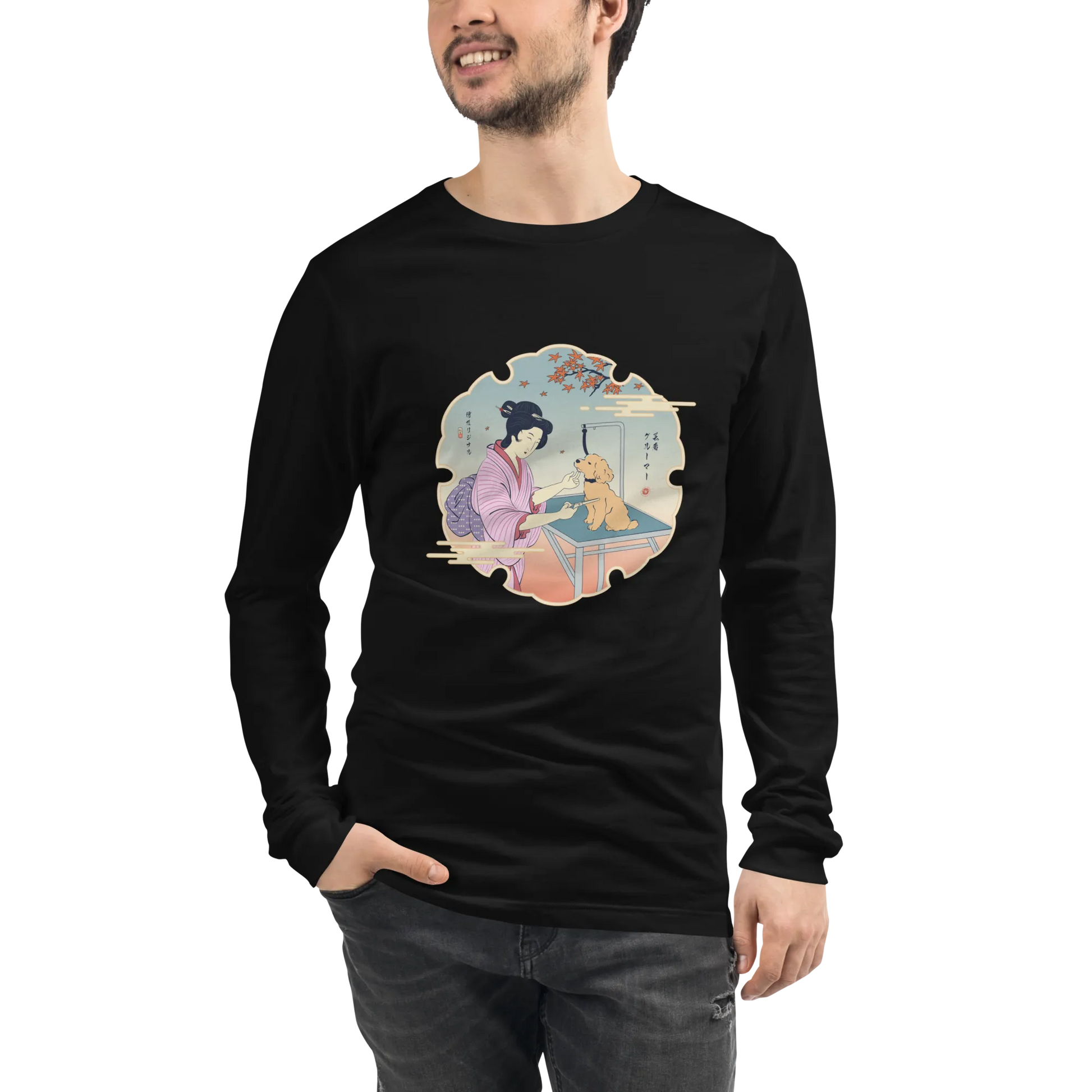 Geisha Groomer Japanese Ukiyo-e Unisex Long Sleeve Tee - Black / S