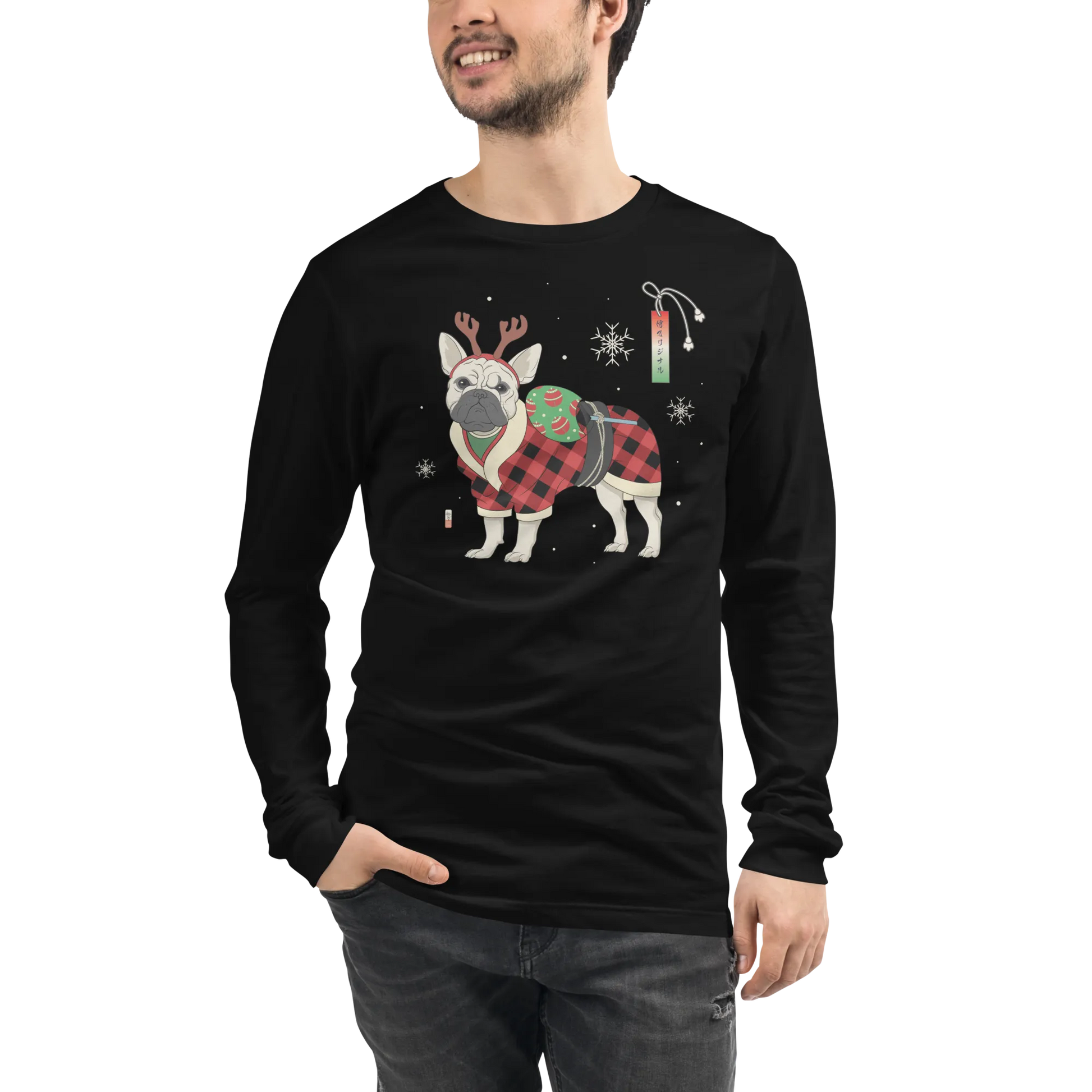 French Bulldog Funny Christmas Japanese Ukiyo-e Unisex Long Sleeve Tee - Black / S