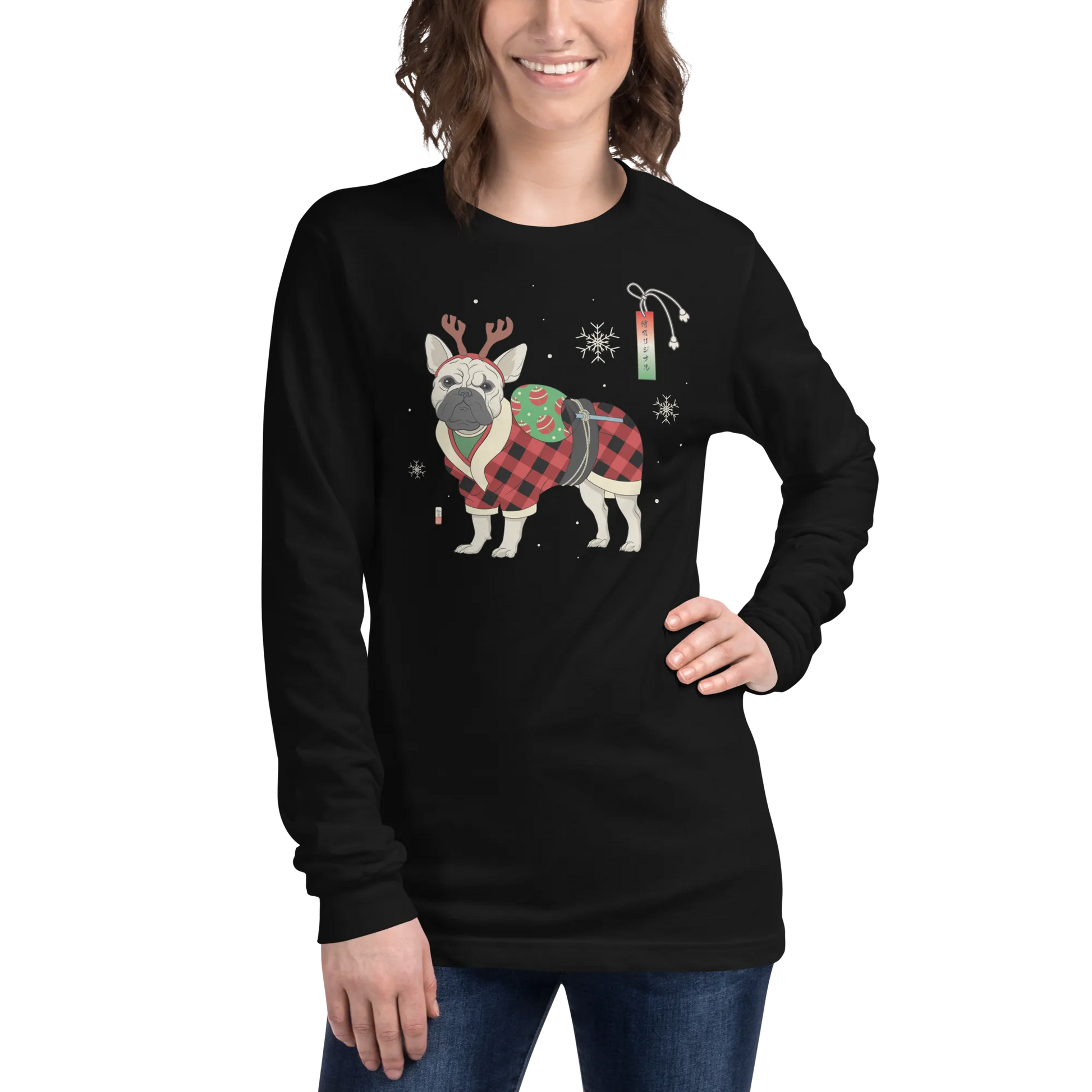 French Bulldog Funny Christmas Japanese Ukiyo-e Unisex Long Sleeve Tee -