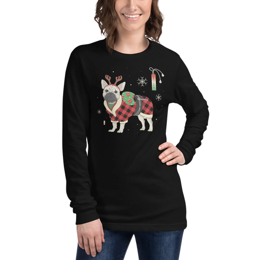 French Bulldog Funny Christmas Japanese Ukiyo-e Unisex Long Sleeve Tee -