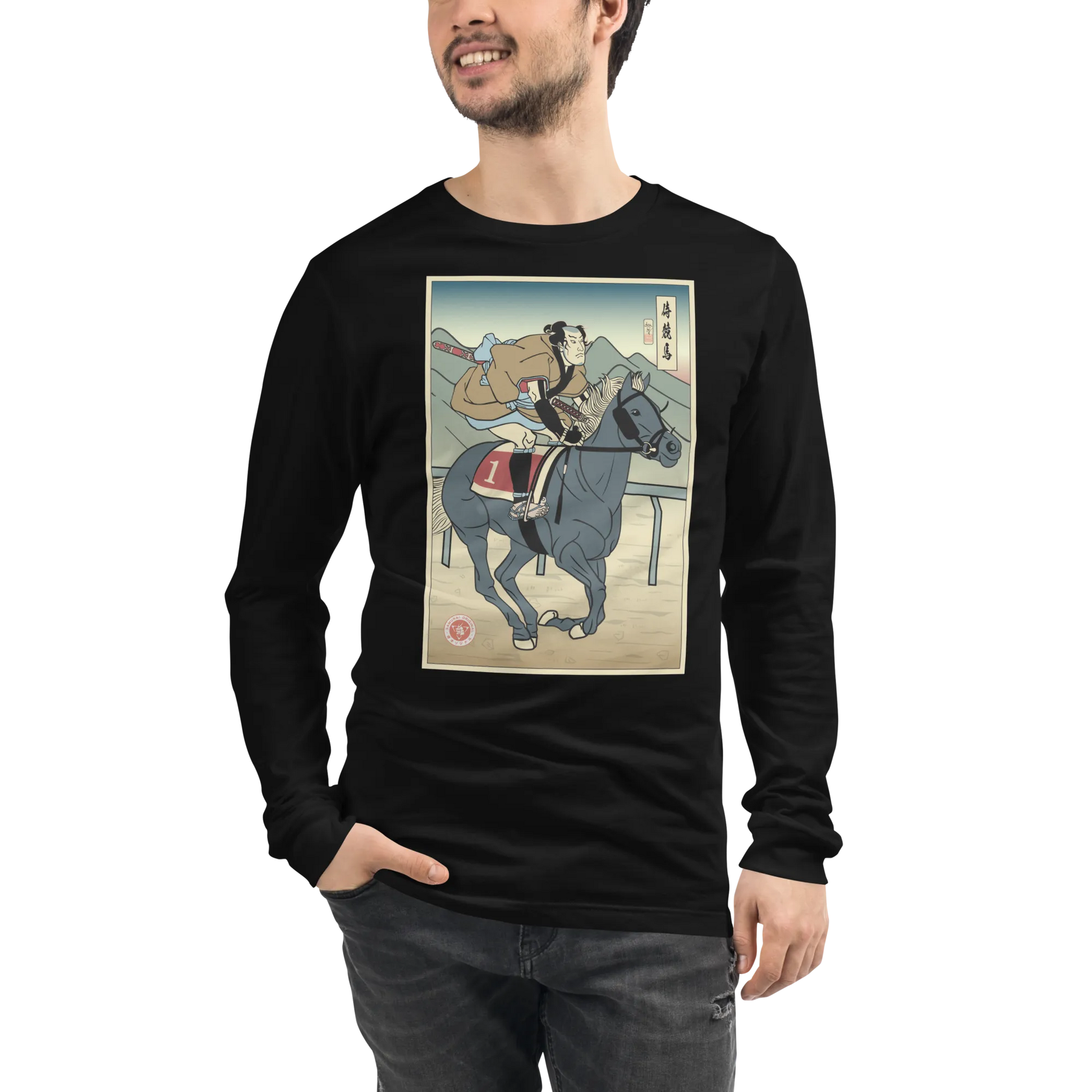 Samurai Horse Racing Ukiyo-e Unisex Long Sleeve Tee - Black / S