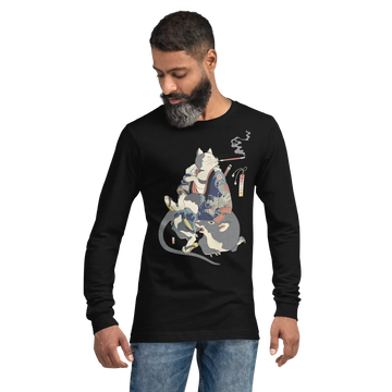 Cat and Mouse Funny Japanese Ukiyo-e Unisex Long Sleeve Tee - Black / S