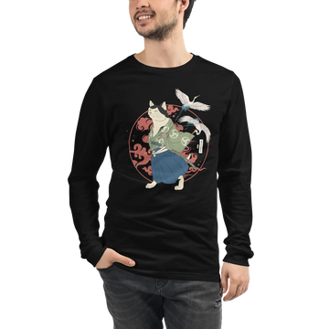 Cat Samurai Funny Ukiyo-e Japanese Unisex Long Sleeve Tee - Black / S