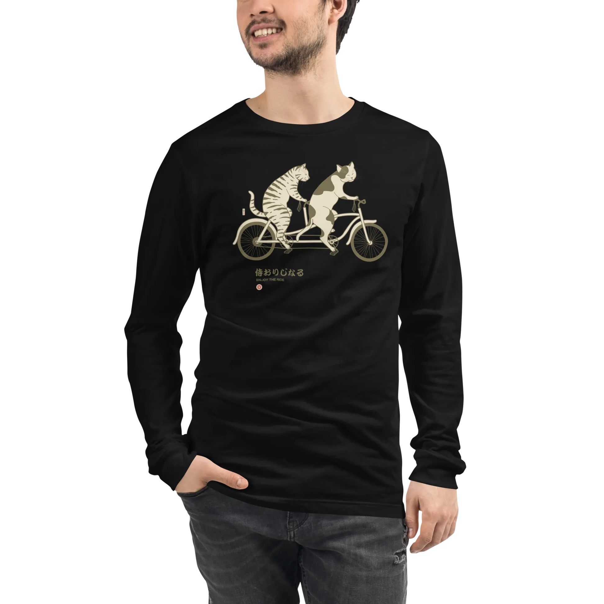 Cat Ride Funny Japanese Ukiyo-e Unisex Long Sleeve Tee - Black / S