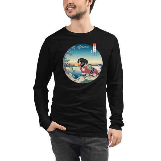 Dachshund Dog Funny Japanese Ukiyo-e Unisex Long Sleeve Tee - Black / S