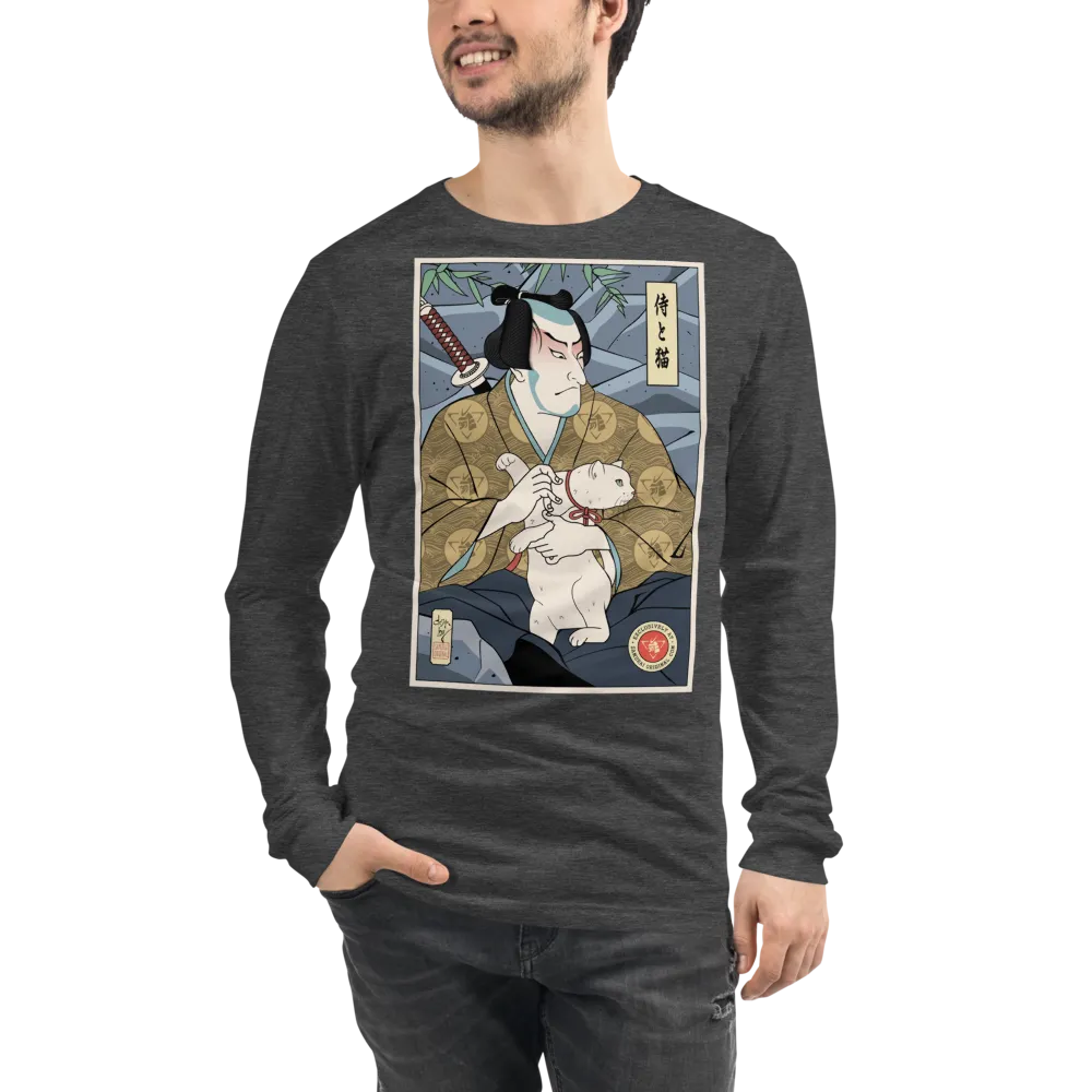 Samurai & Cat Funny Japanese Ukiyo-e Unisex Long Sleeve Tee - Samurai Original