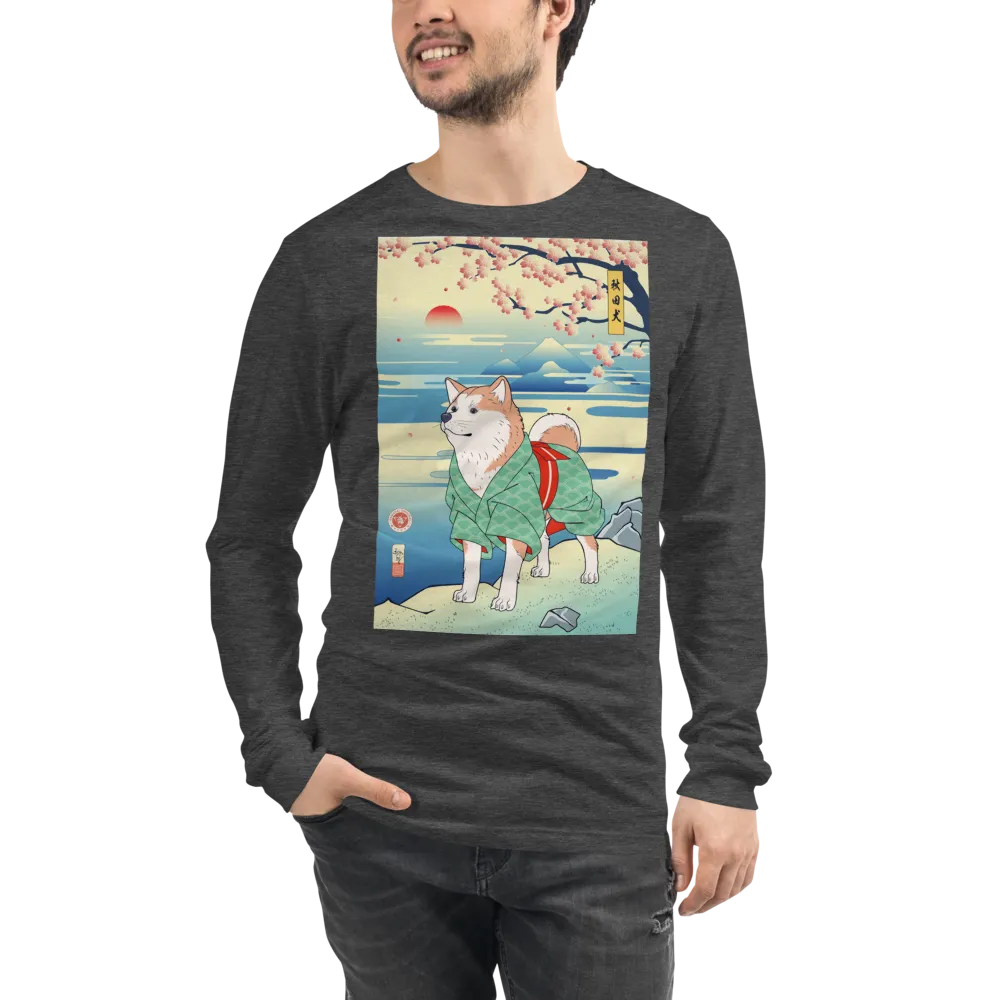 Dog Akita Funny Japanese Ukiyo-e Unisex Long Sleeve Tee - Dark Grey Heather / S