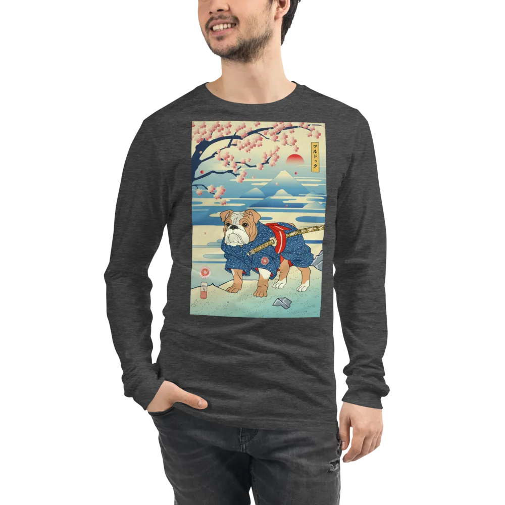 Dog Bulldog Japanese Ukiyo-e Unisex Long Sleeve Tee - Dark Grey Heather / S