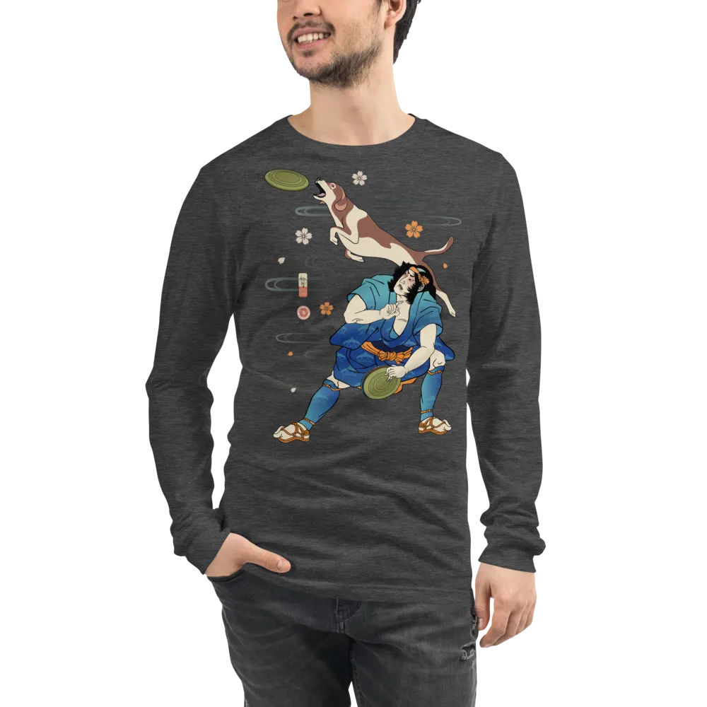 Disc Dog Samurai Japanese Ukiyo-e Unisex Long Sleeve Tee - Dark Grey Heather / S