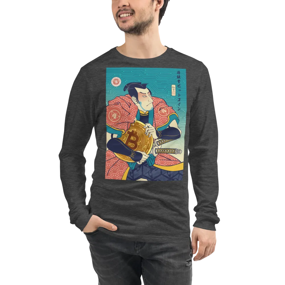 Samurai Bitcoin Mining Ukiyo-e Unisex Long Sleeve Tee - Dark Grey Heather / S