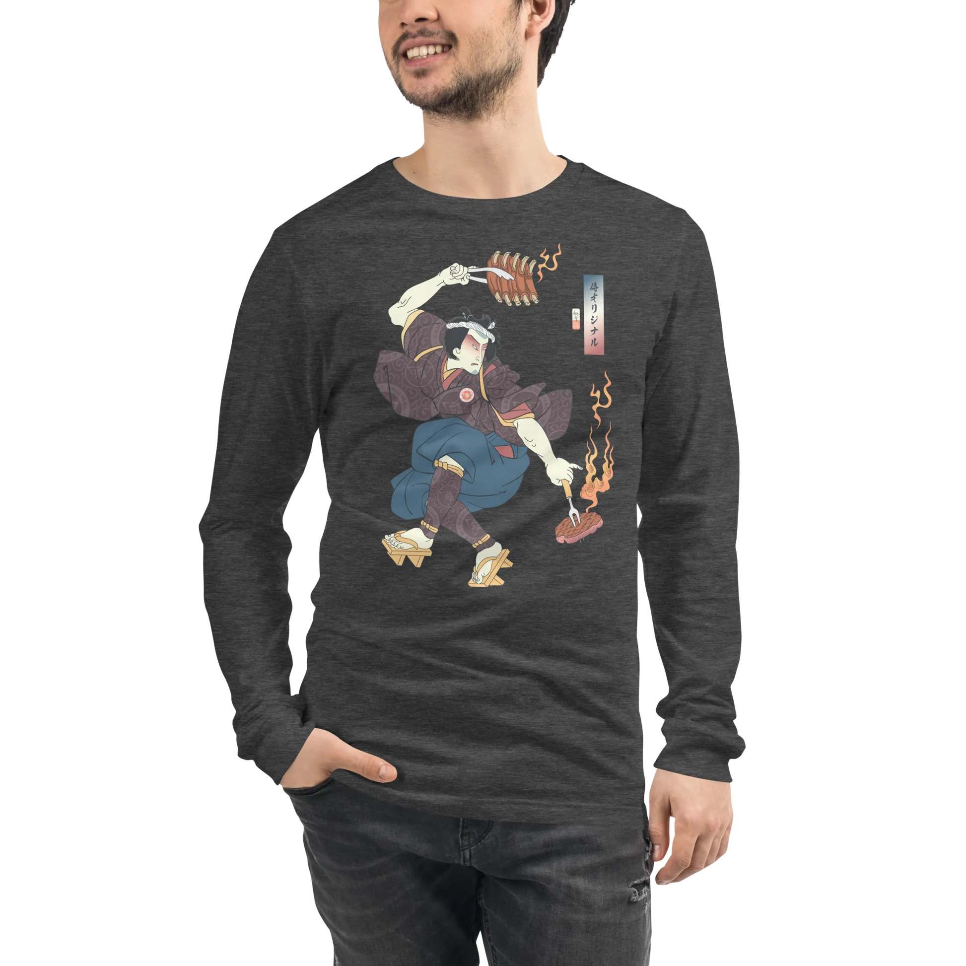 Samurai BBQ Barbecue Funny Ukiyo-e Unisex Long Sleeve Tee - Samurai Original