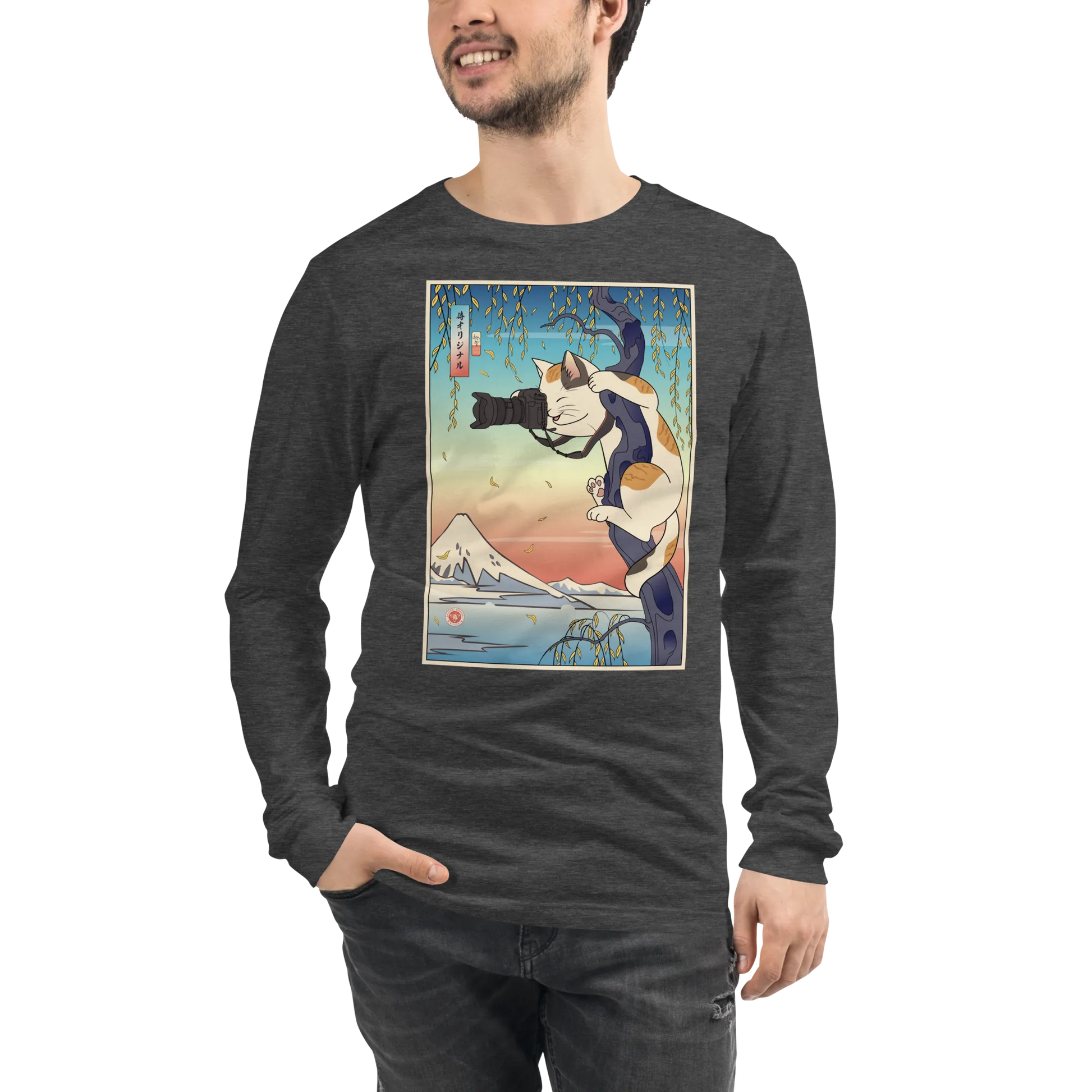 Cat Photographer Funny Japanese Ukiyo-e Unisex Long Sleeve Tee - Dark Grey Heather / S