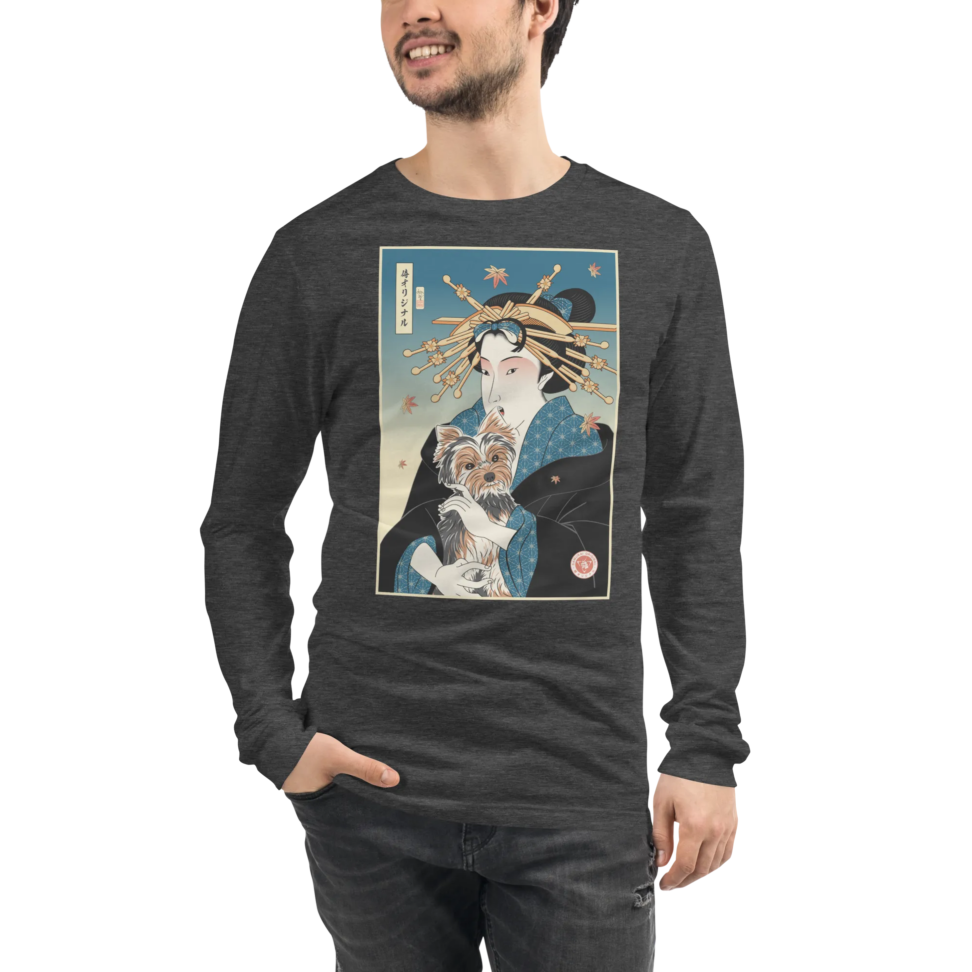 Geisha and Yorkshire Dog Japanese Ukiyo-e Unisex Long Sleeve Tee - Dark Grey Heather / S