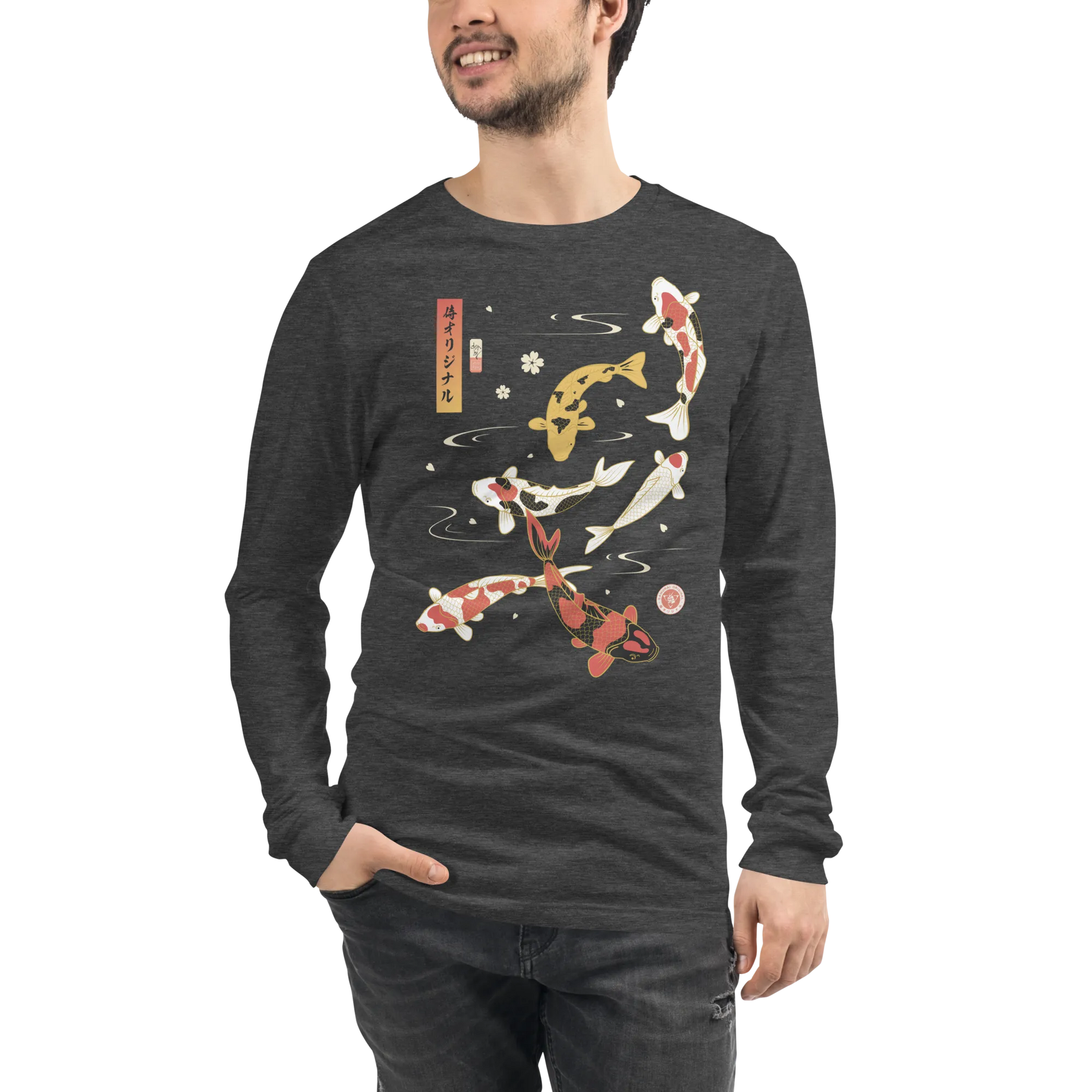 Koi Fish Japanese Ukiyo-e Unisex Long Sleeve Tee - Dark Grey Heather / S