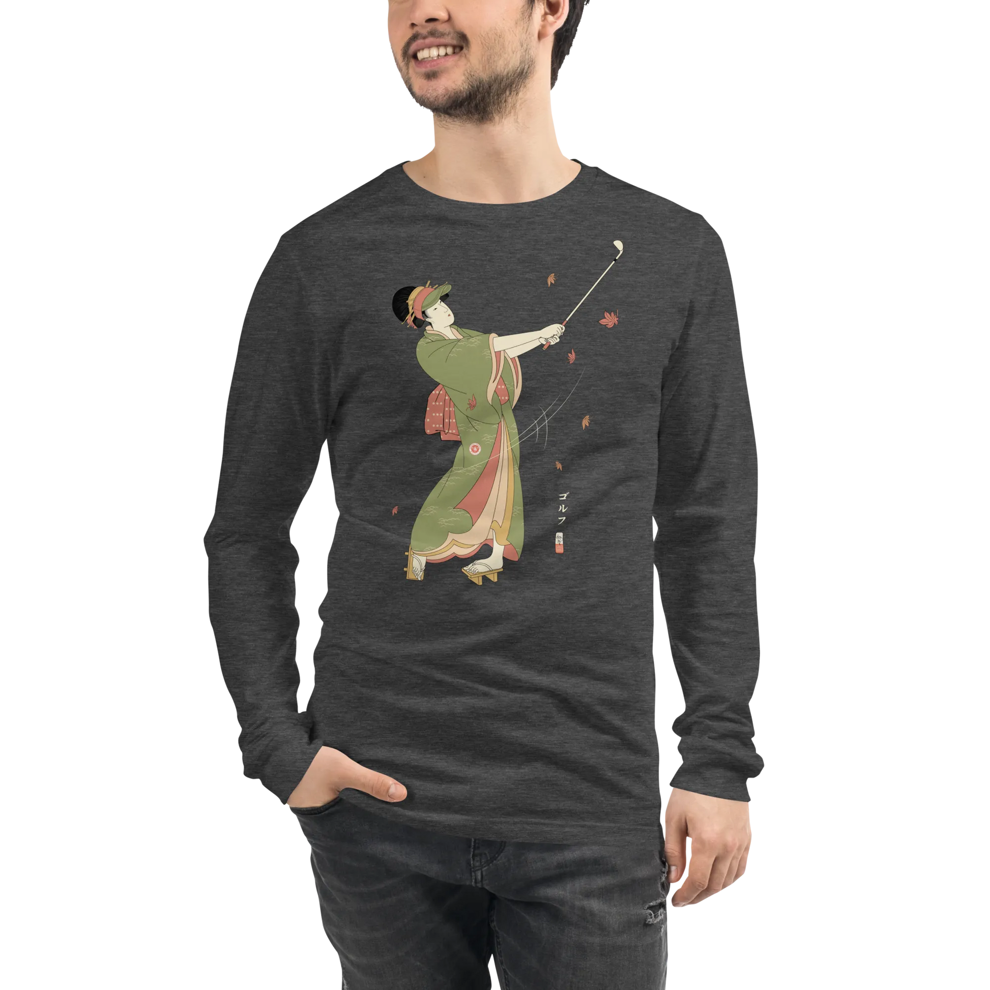 Geisha Golf Player Japanese Ukiyo-e Unisex Long Sleeve Tee - Dark Grey Heather / S