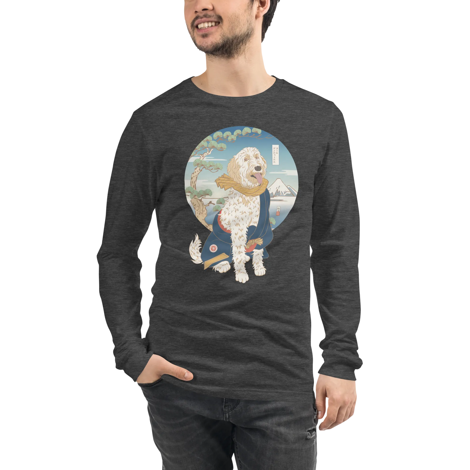 Golden Doodle Dog Funny Japanese Ukiyo-e Unisex Long Sleeve Tee 2 - Dark Grey Heather / S