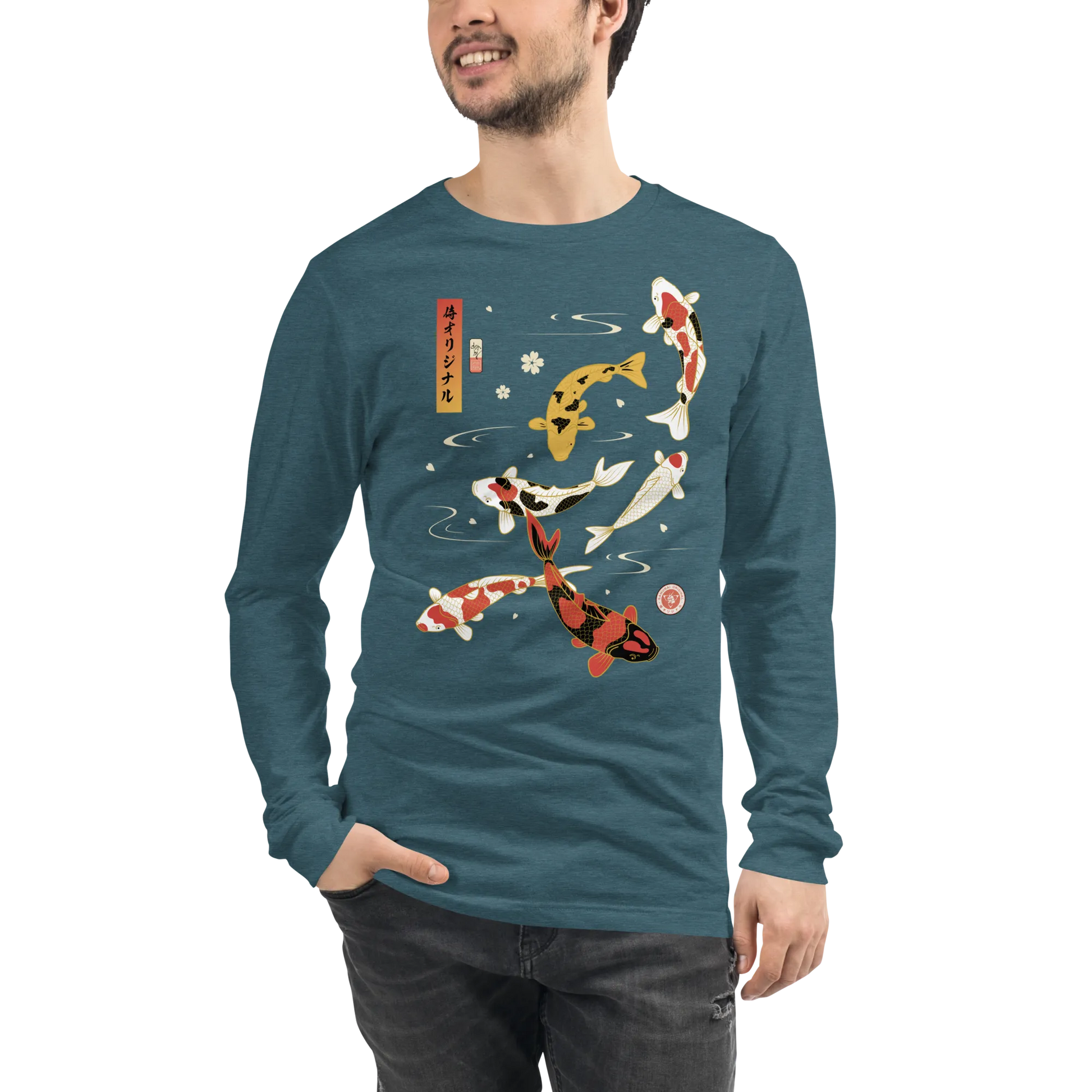 Koi Fish Japanese Ukiyo-e Unisex Long Sleeve Tee - Heather Deep Teal / S