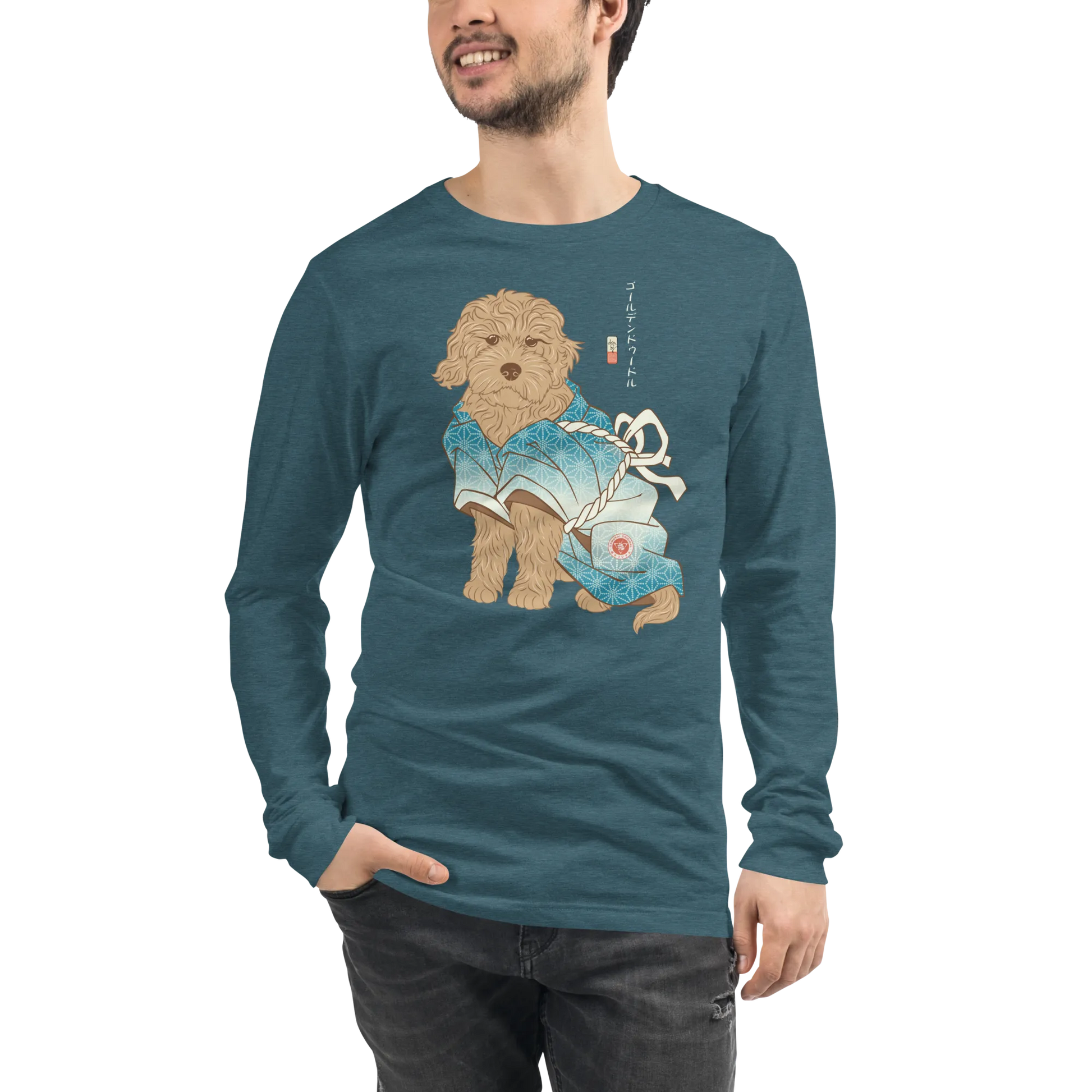 Golden Doodle Dog Funny Japanese Ukiyo-e Unisex Long Sleeve Tee - Heather Deep Teal / S