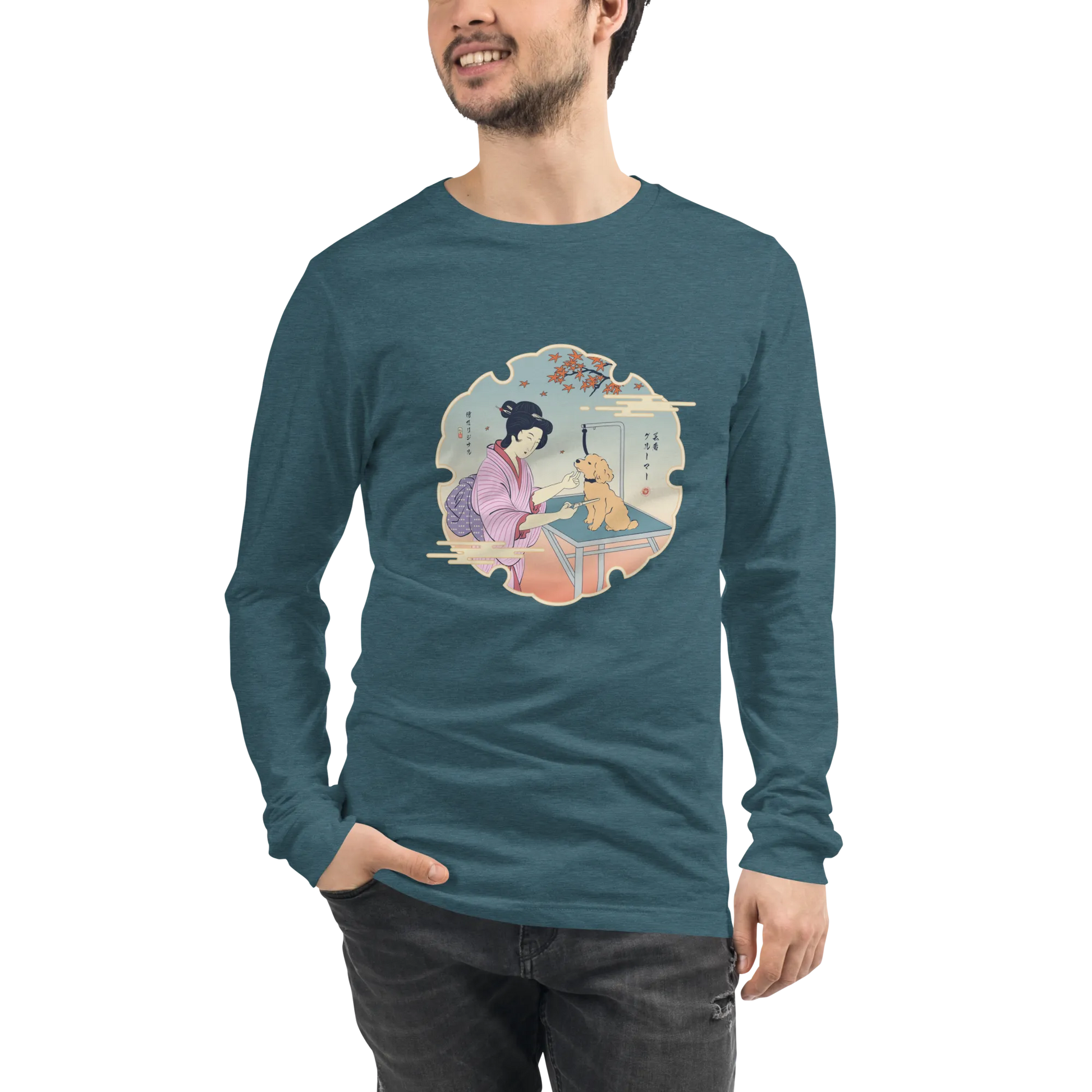 Geisha Groomer Japanese Ukiyo-e Unisex Long Sleeve Tee - Heather Deep Teal / S