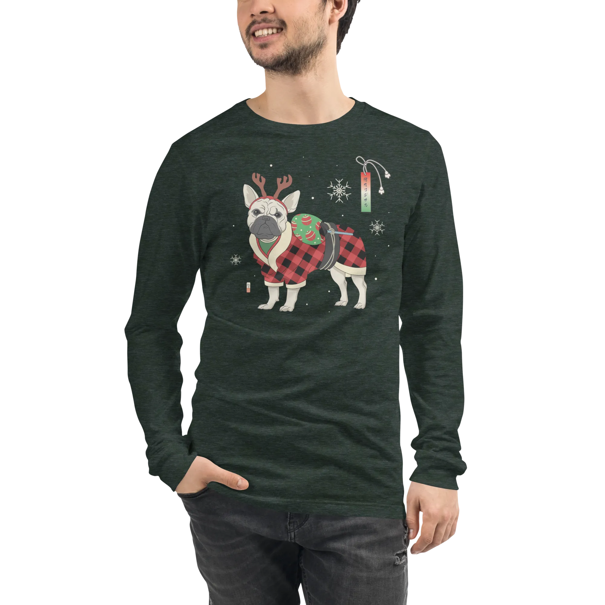 French Bulldog Funny Christmas Japanese Ukiyo-e Unisex Long Sleeve Tee - Heather Forest / S