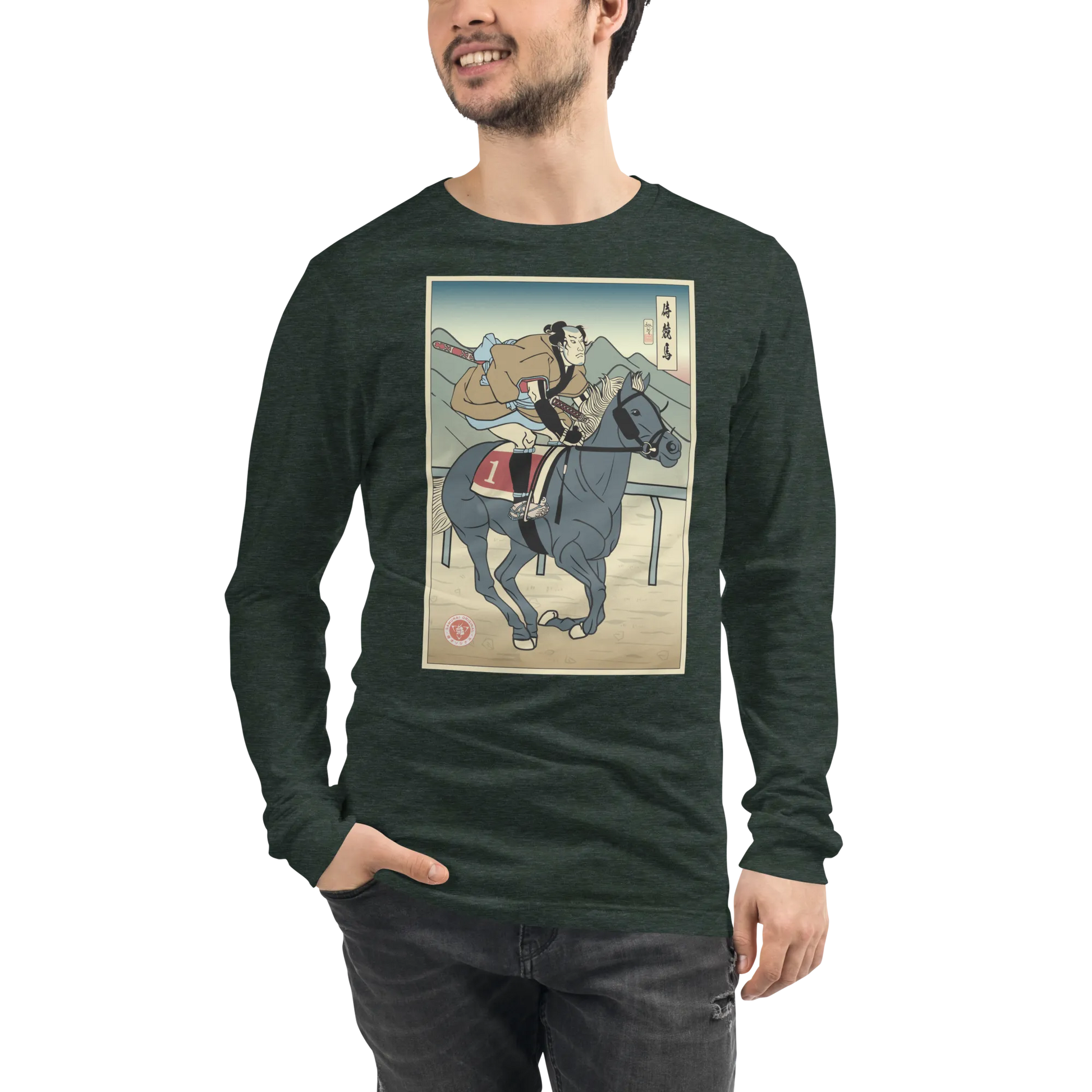 Samurai Horse Racing Ukiyo-e Unisex Long Sleeve Tee - Heather Forest / S