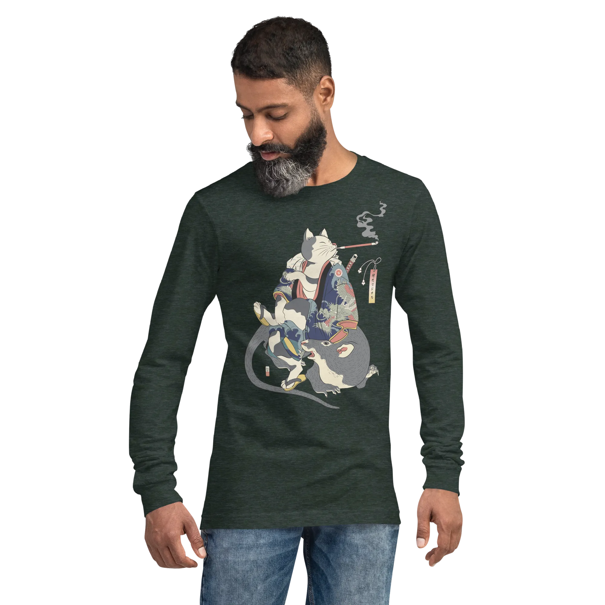 Cat and Mouse Funny Japanese Ukiyo-e Unisex Long Sleeve Tee - Heather Forest / S