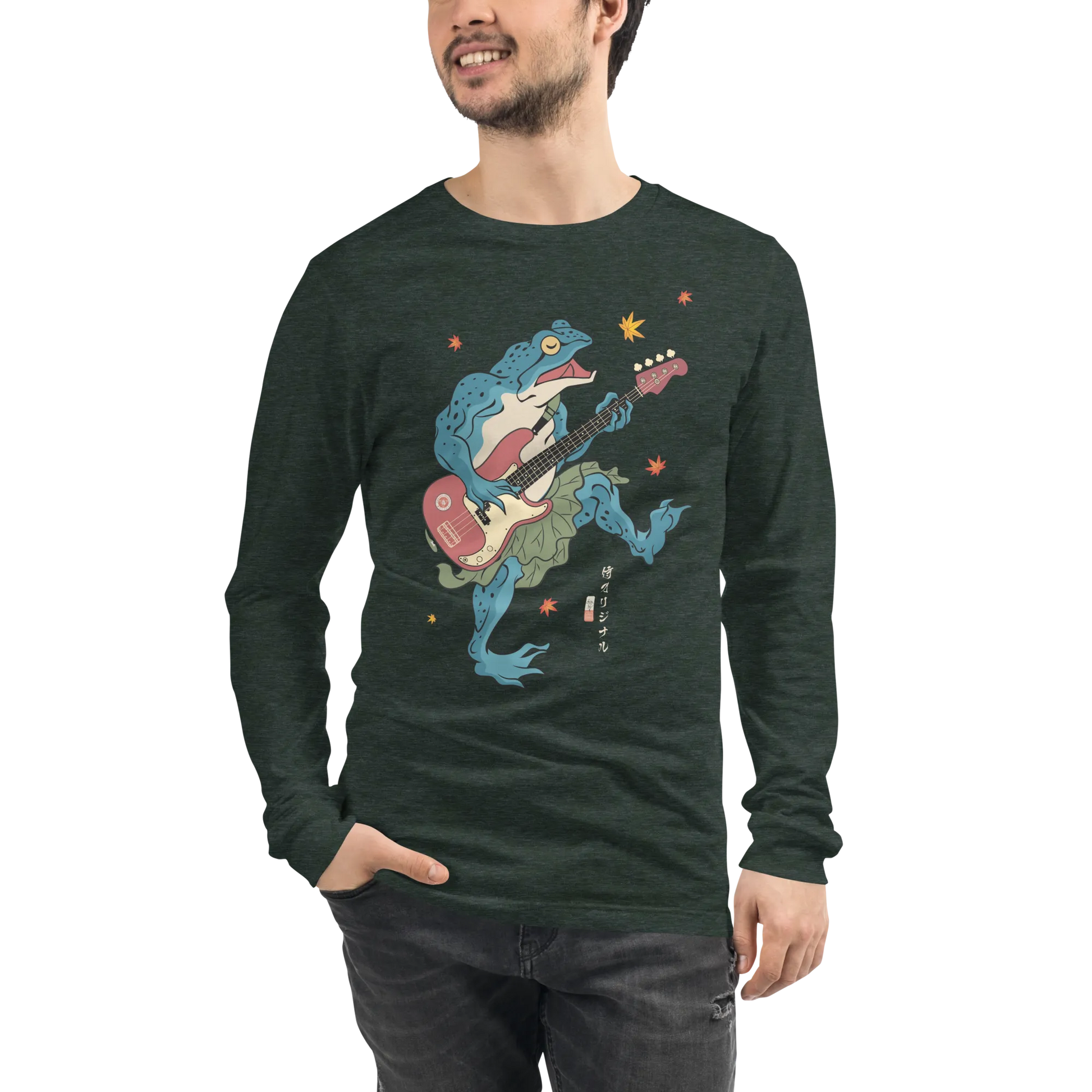 Frog Guitar Bass Funny Japanese Ukiyo-e Unisex Long Sleeve Tee - Heather Forest / S