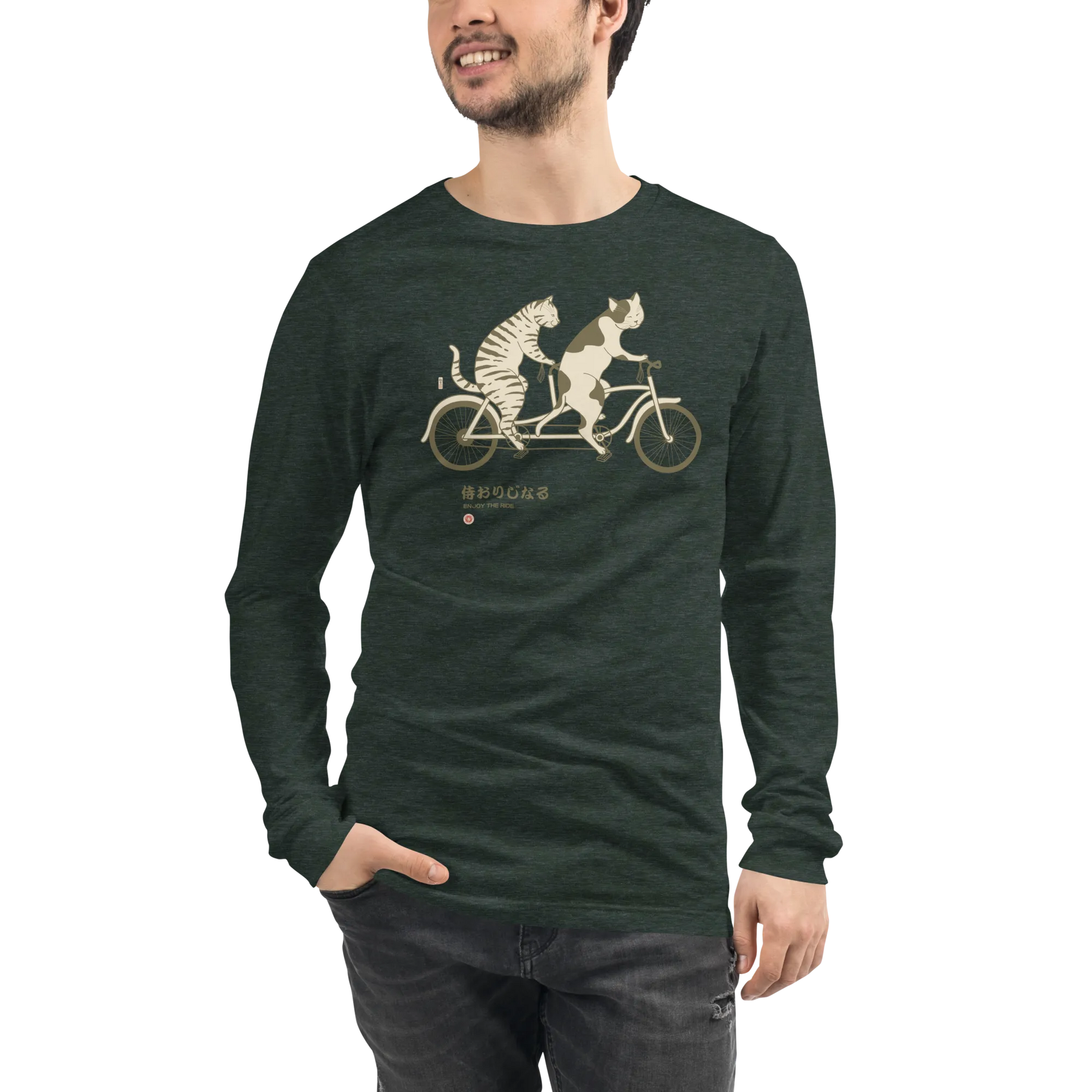 Cat Ride Funny Japanese Ukiyo-e Unisex Long Sleeve Tee - Heather Forest / S