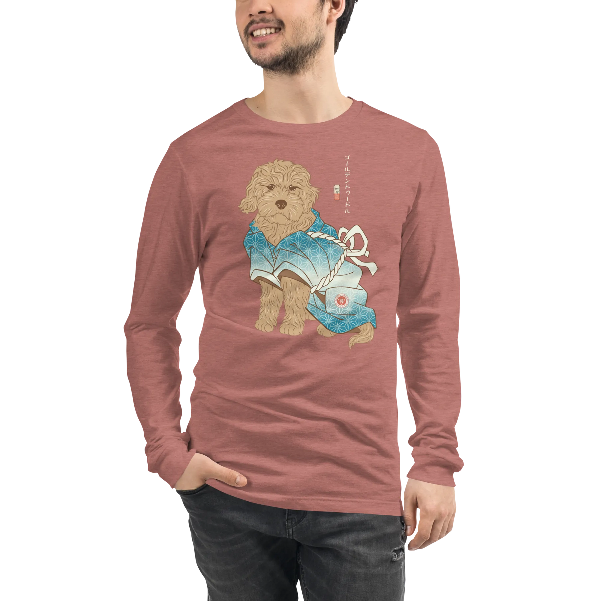 Golden Doodle Dog Funny Japanese Ukiyo-e Unisex Long Sleeve Tee - Heather Mauve / S