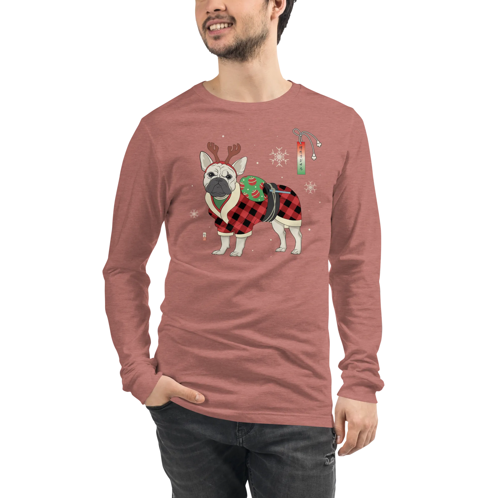 French Bulldog Funny Christmas Japanese Ukiyo-e Unisex Long Sleeve Tee - Heather Mauve / S