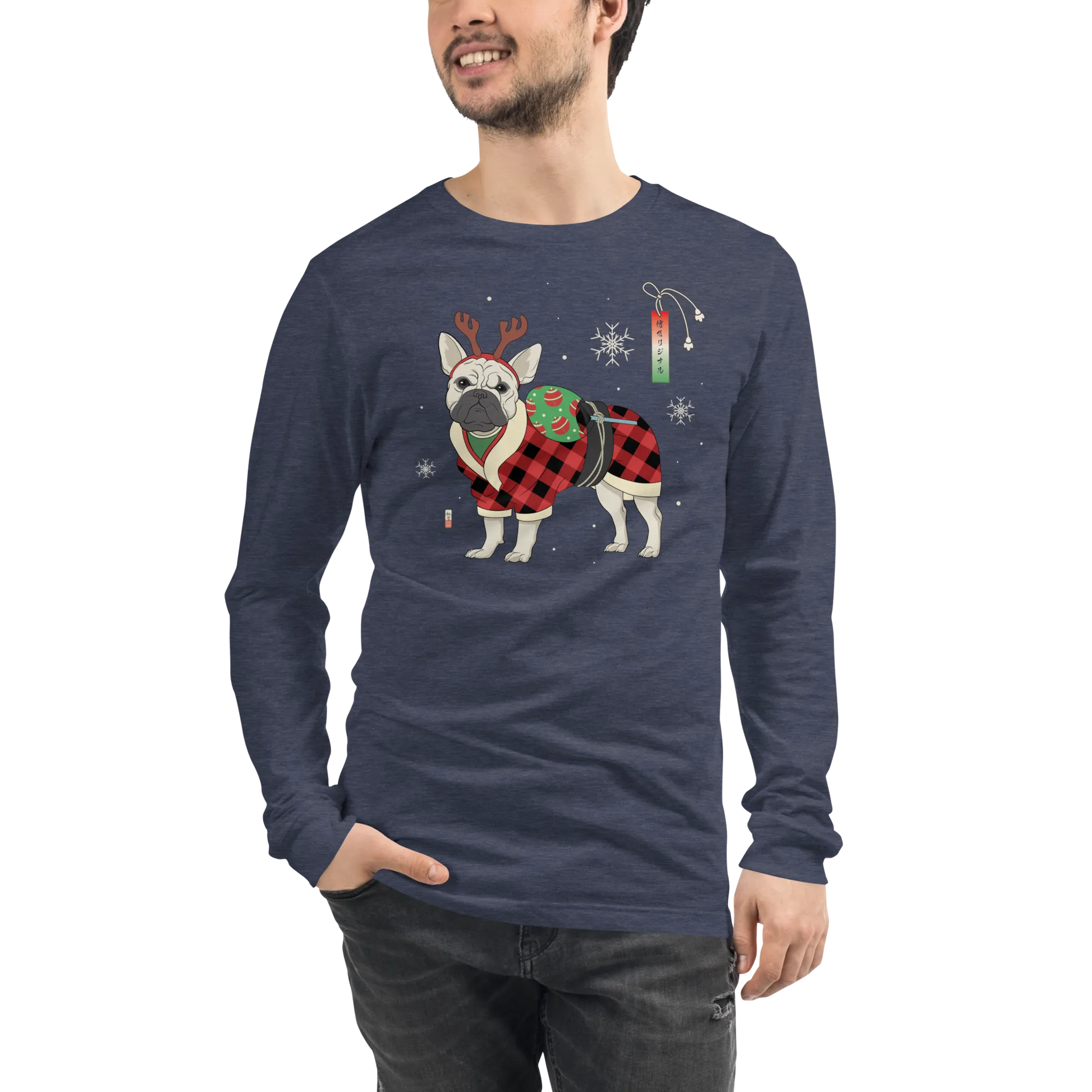 French Bulldog Funny Christmas Japanese Ukiyo-e Unisex Long Sleeve Tee - Heather Navy / S