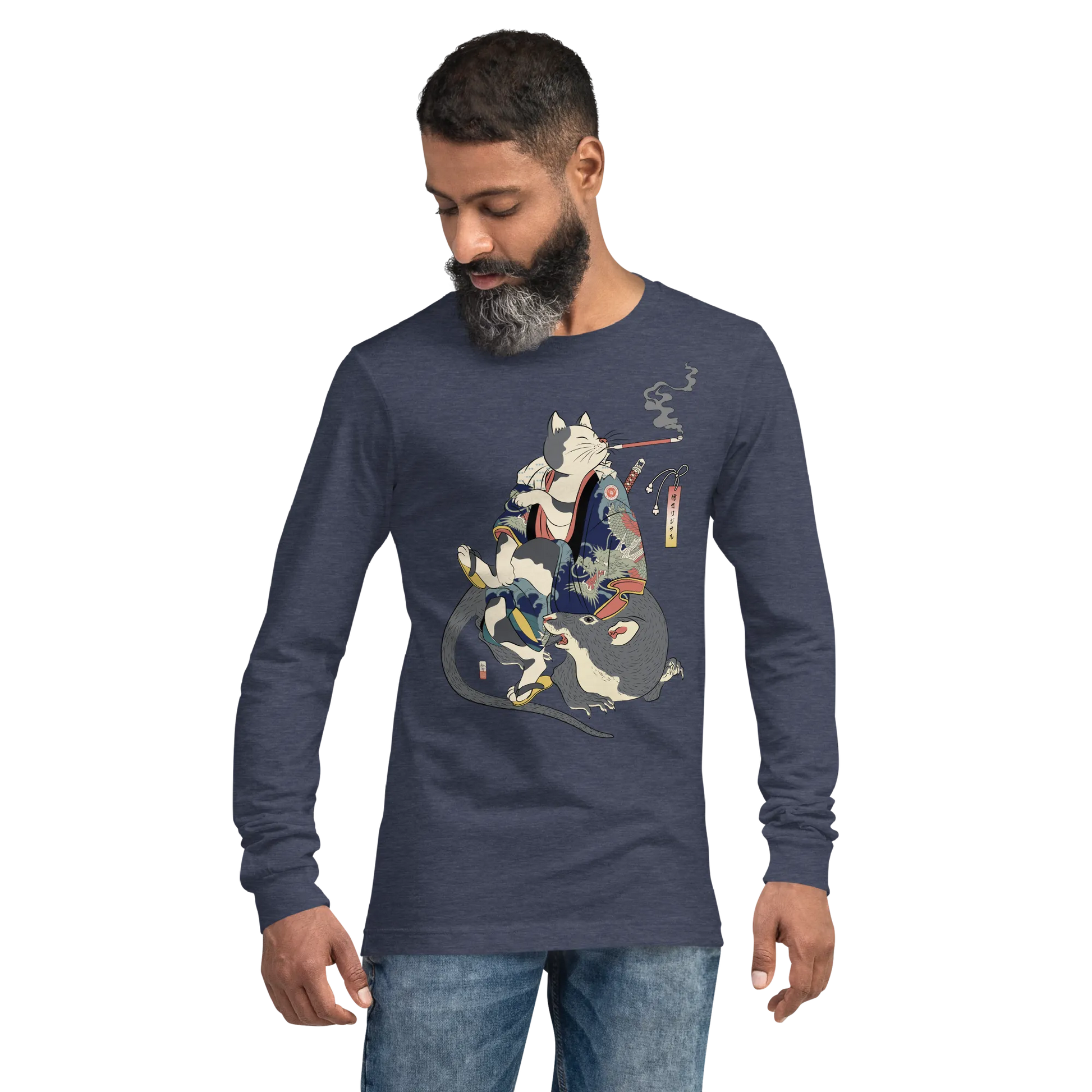 Cat and Mouse Funny Japanese Ukiyo-e Unisex Long Sleeve Tee - Heather Navy / S