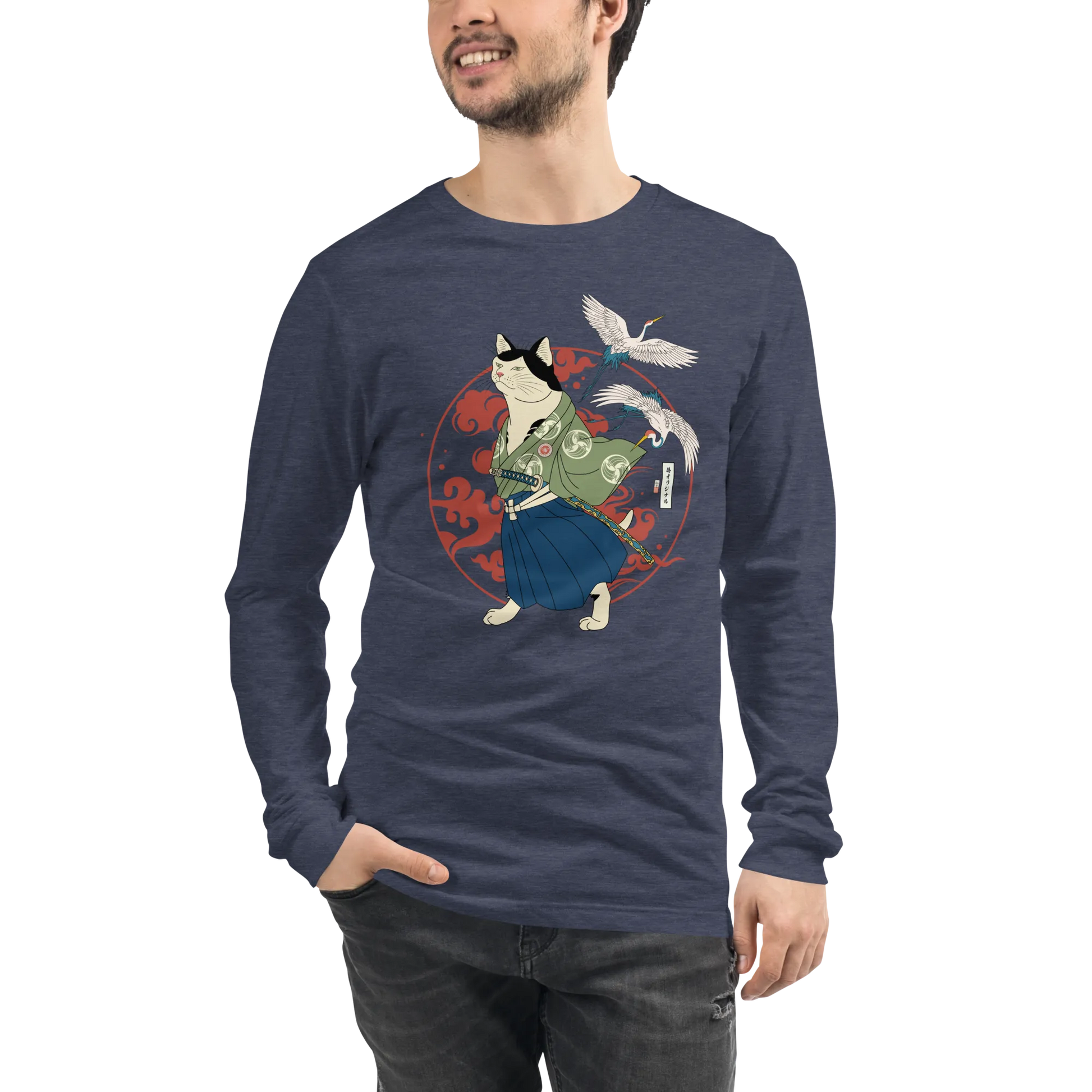 Cat Samurai Funny Ukiyo-e Japanese Unisex Long Sleeve Tee - Heather Navy / S