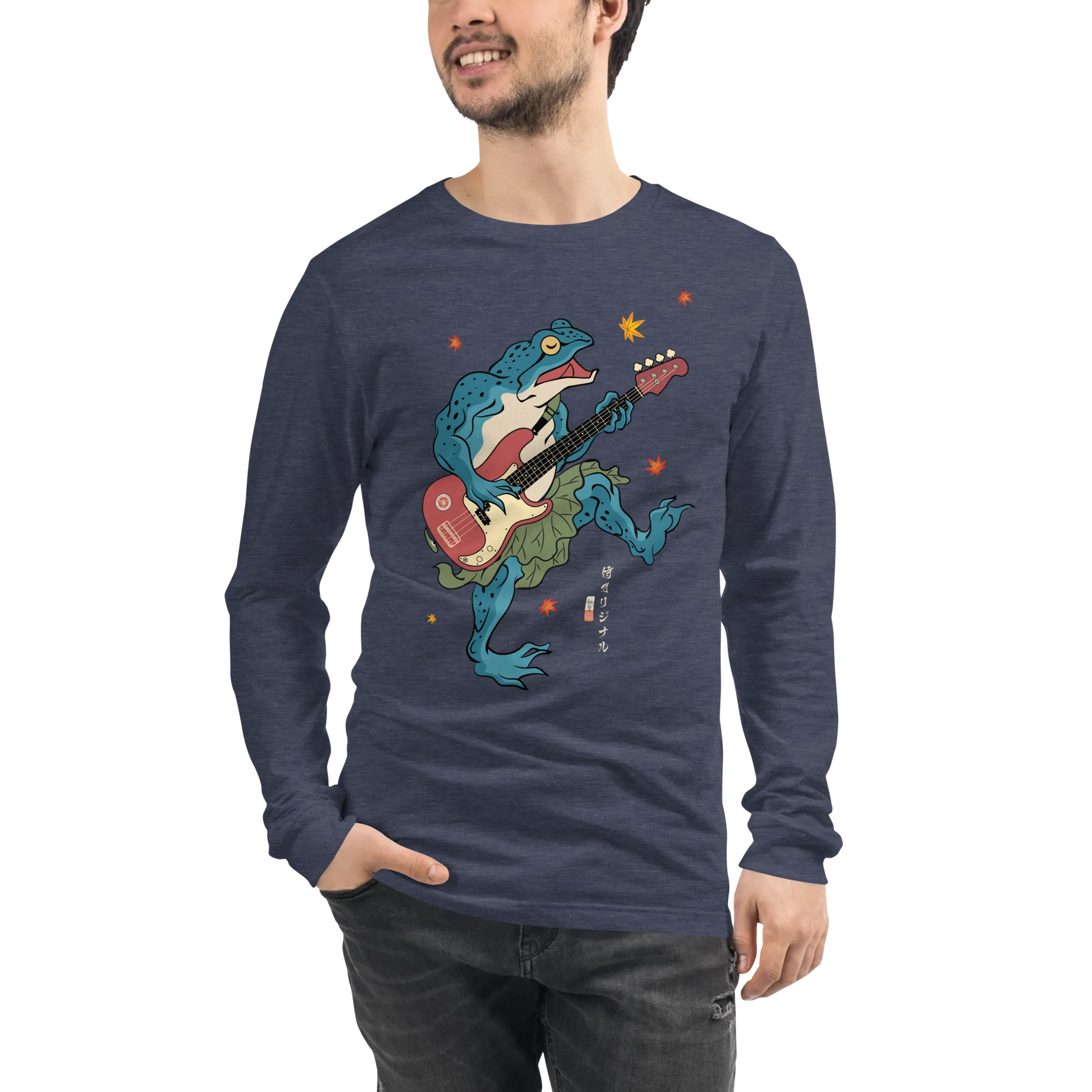 Frog Guitar Bass Funny Japanese Ukiyo-e Unisex Long Sleeve Tee - Heather Navy / S