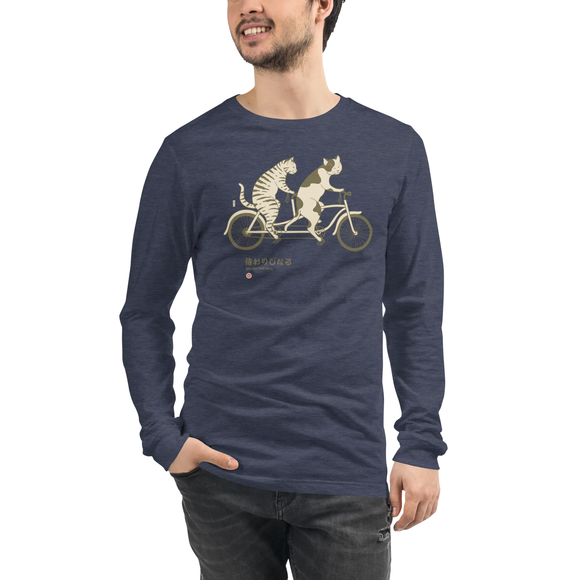 Cat Ride Funny Japanese Ukiyo-e Unisex Long Sleeve Tee - Heather Navy / S