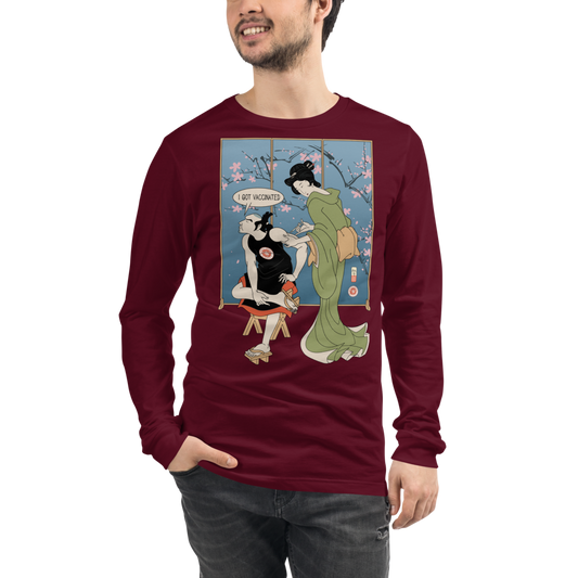 Samurai I Got Vaccinated Ukiyo-e Unisex Long Sleeve Tee - Maroon / S