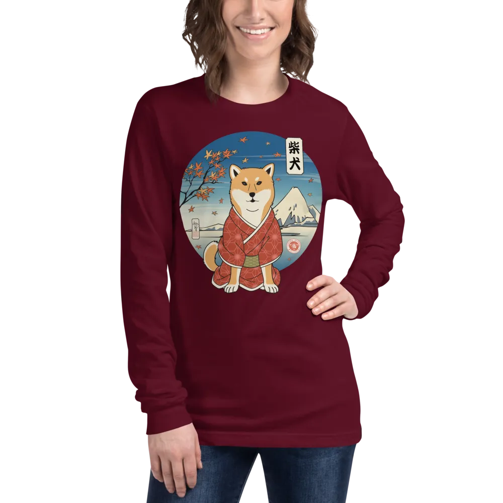 Dog Shiba Inu Funny Japanese Ukiyo-e Unisex Long Sleeve Tee - Maroon / S